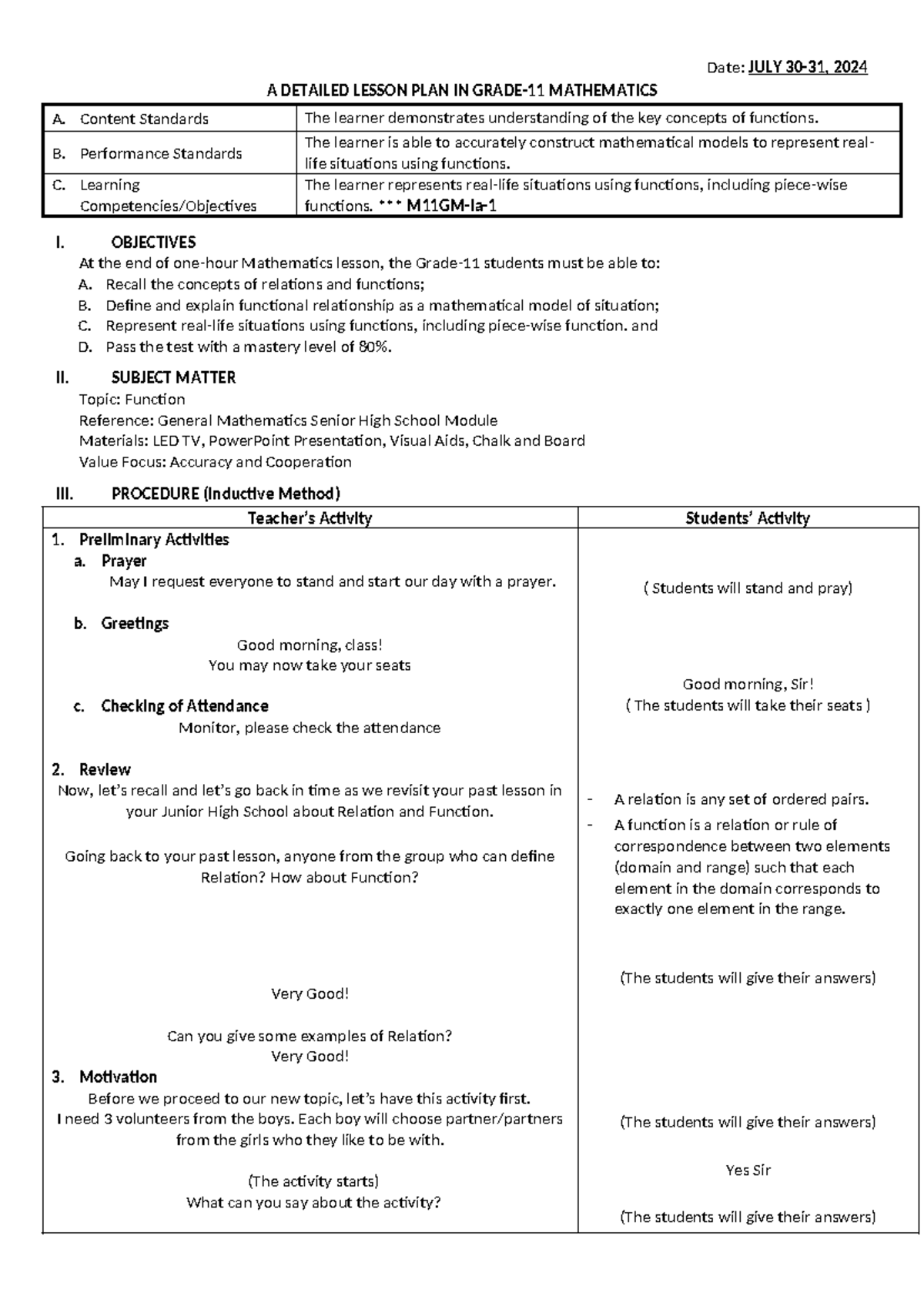 Grade-11 Math Lesson Plan: Understanding Functions (M11GM-Ia) - Studocu