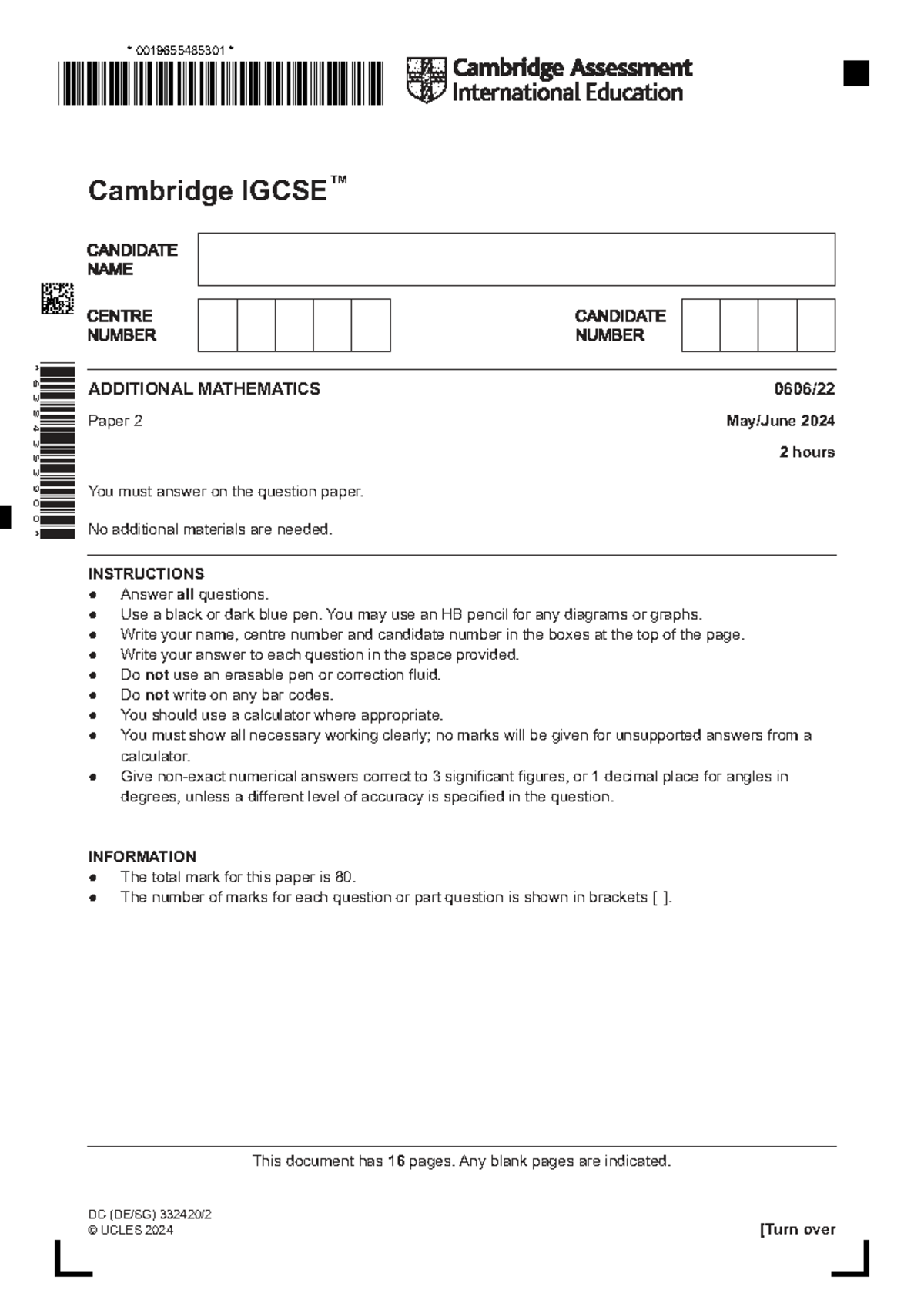 Cambridge 0019655485301 Additional Mathematics Paper 2 QP 2024 - Studocu