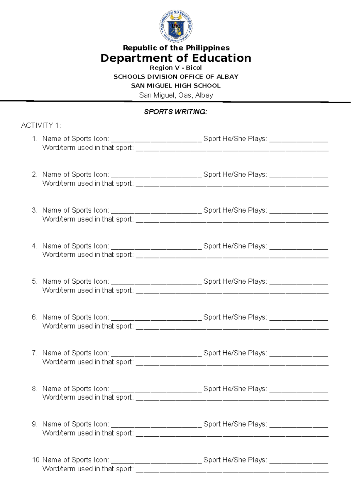 Sports Writing Workshop Handout - the Republic of the Philippines ...