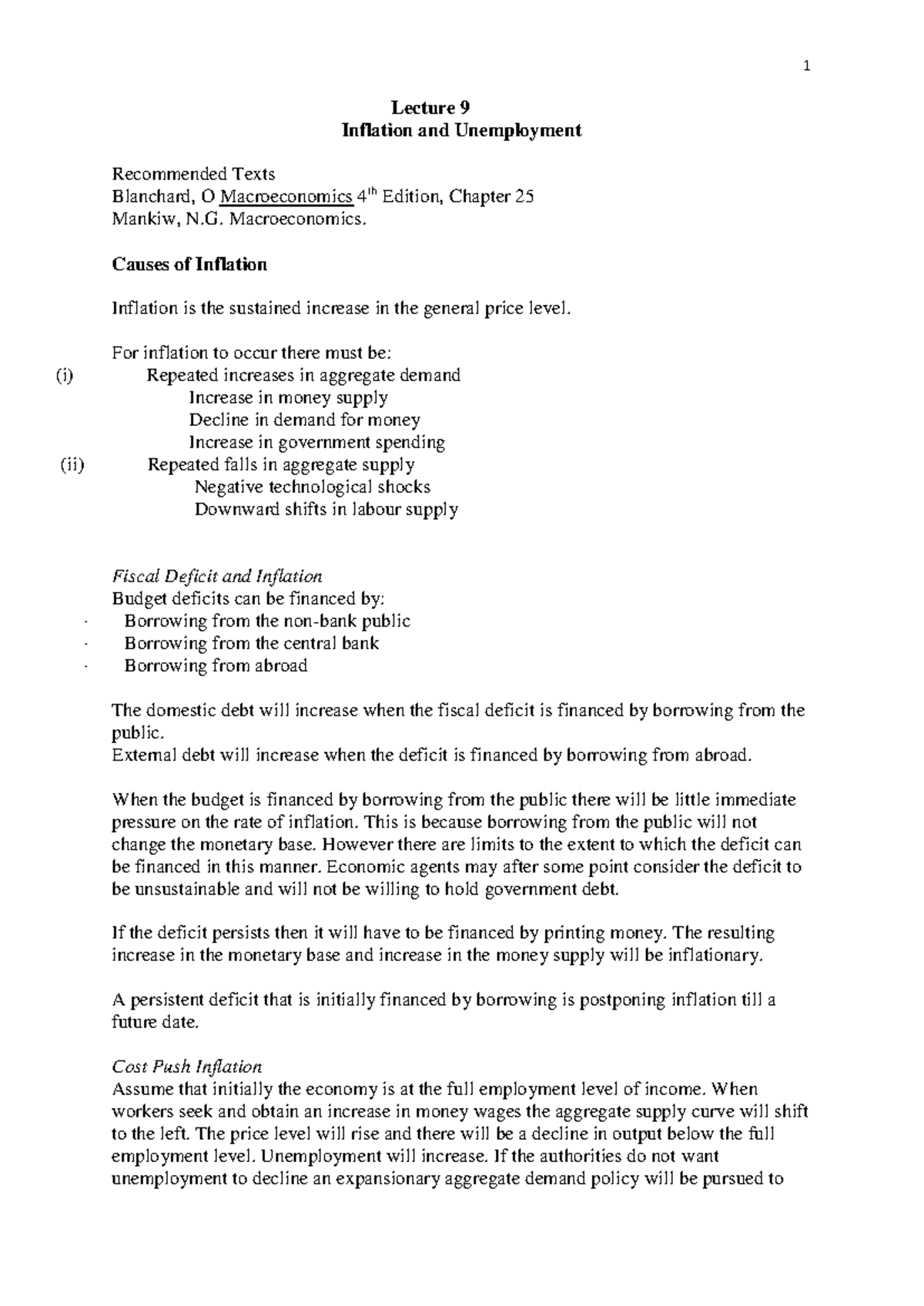 Lecture 9: Inflation and Unemployment Analysis in Macroeconomics - Studocu