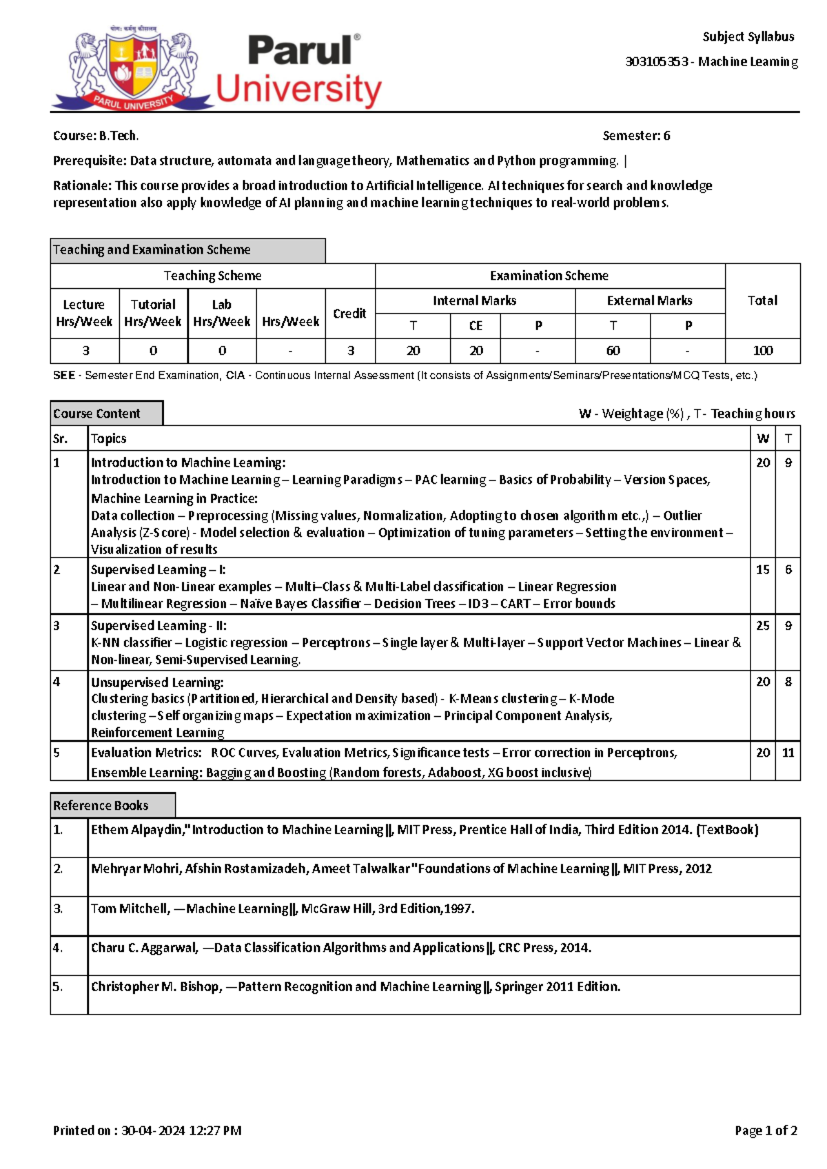 Updated ML Syllabus for Course 303105353 - Machine Learning (2024 ...