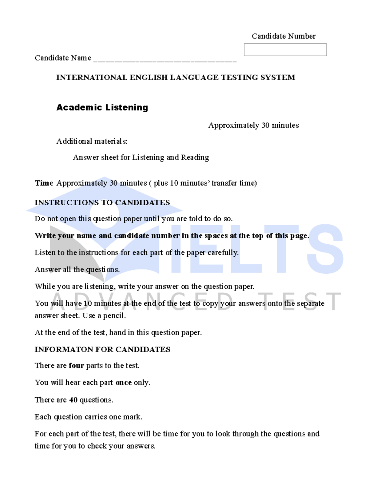 IELTS Academic Listening Test 2 - Candidate Instructions and Questions ...