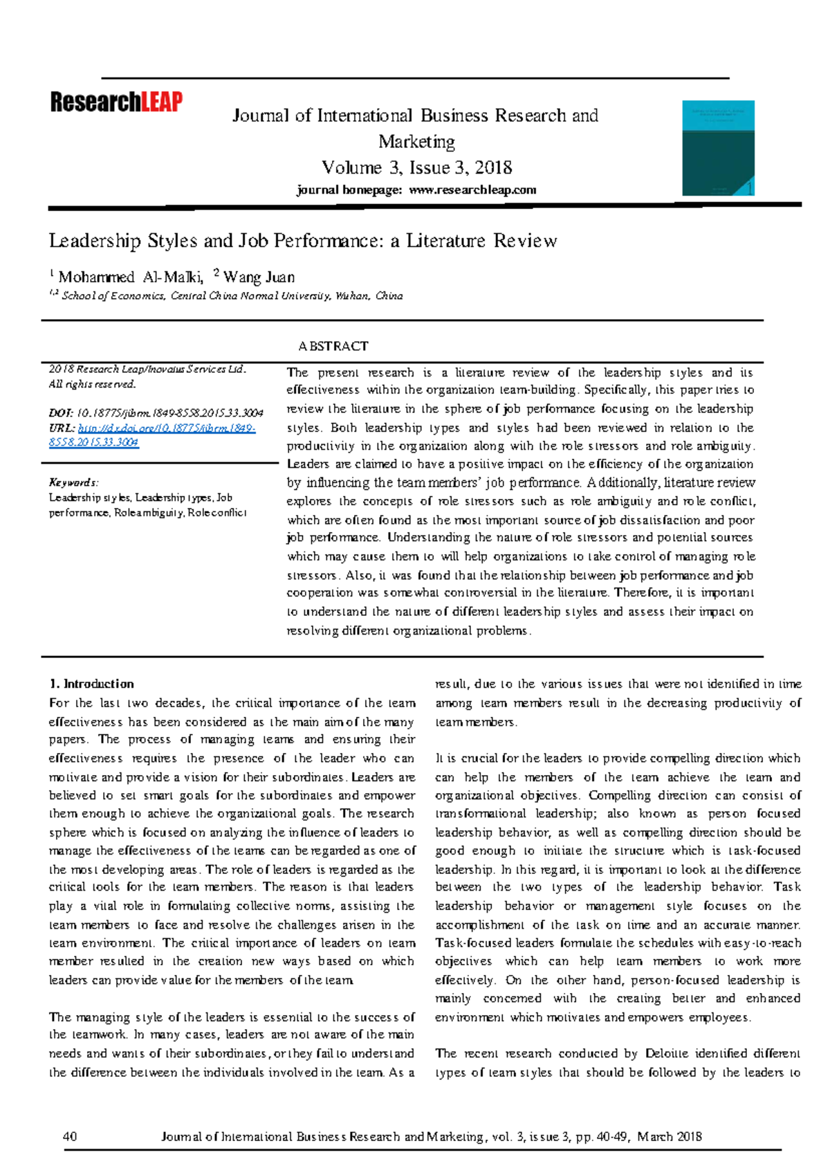 Leadership Styles and Job Performance: A Literature Review (IBR 2018 ...
