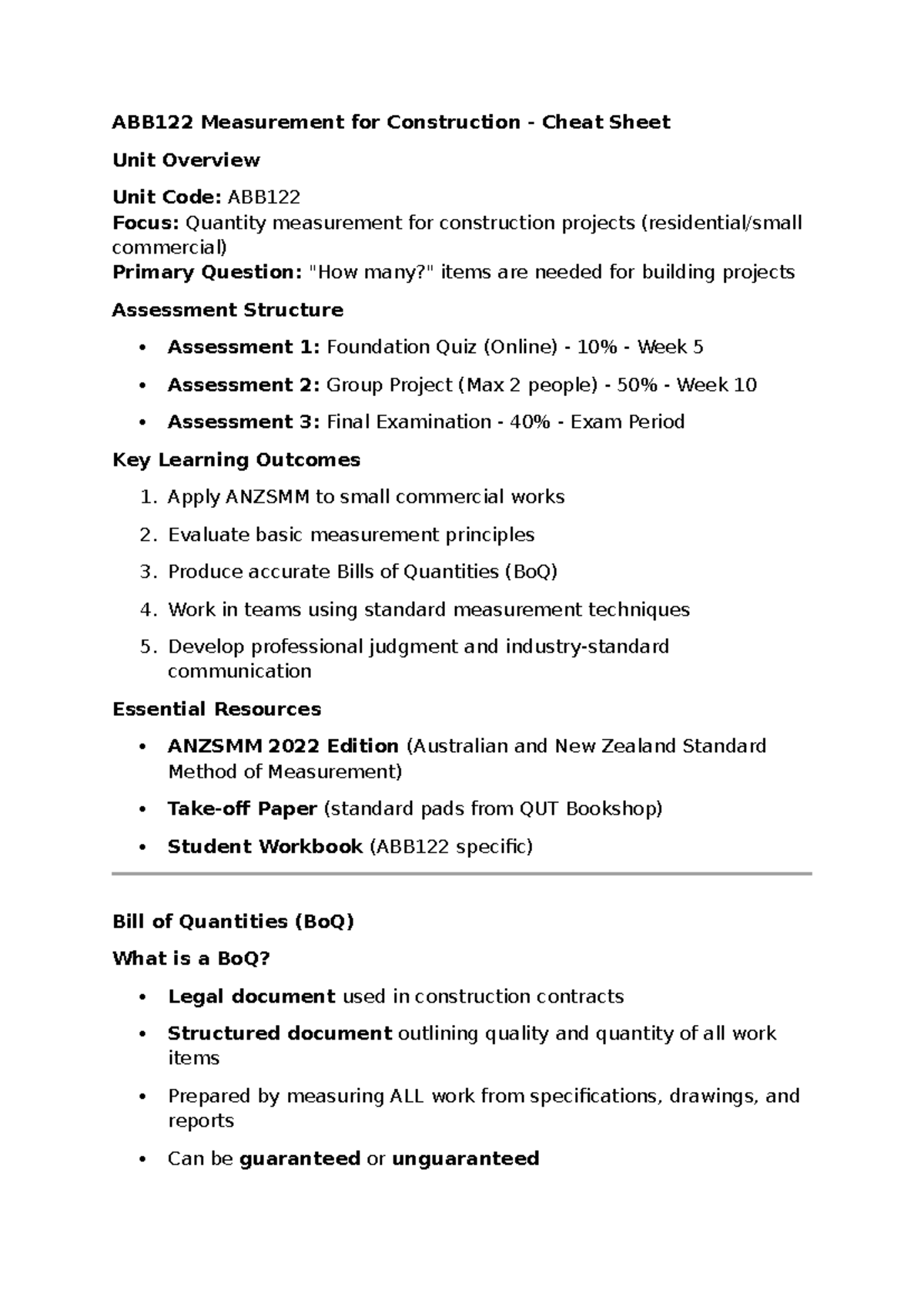 ABB122 Measurement for Construction: Cheat Sheet & Assessment Notes ...