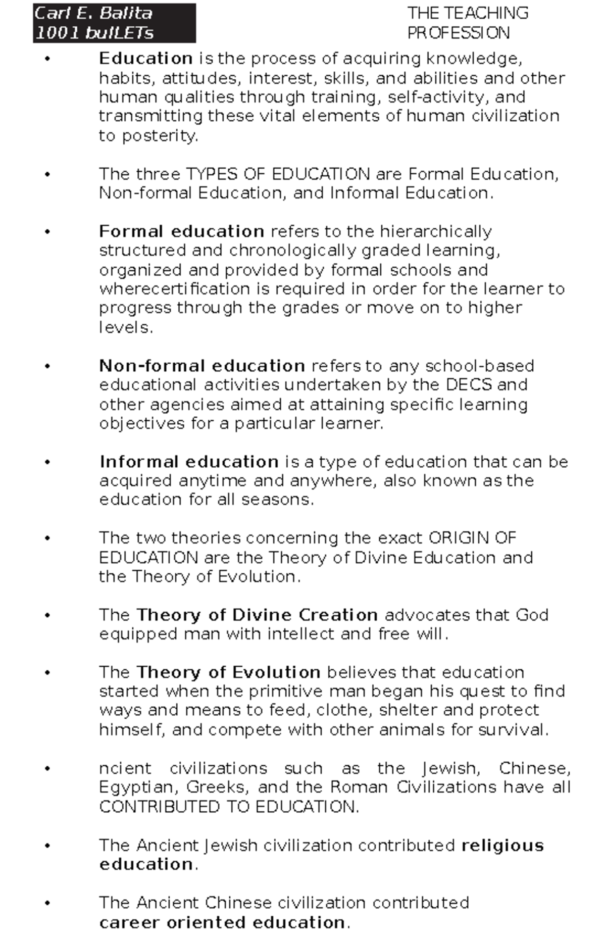LET 1001 Bullets: A Comprehensive Review on Teaching Profession - Studocu
