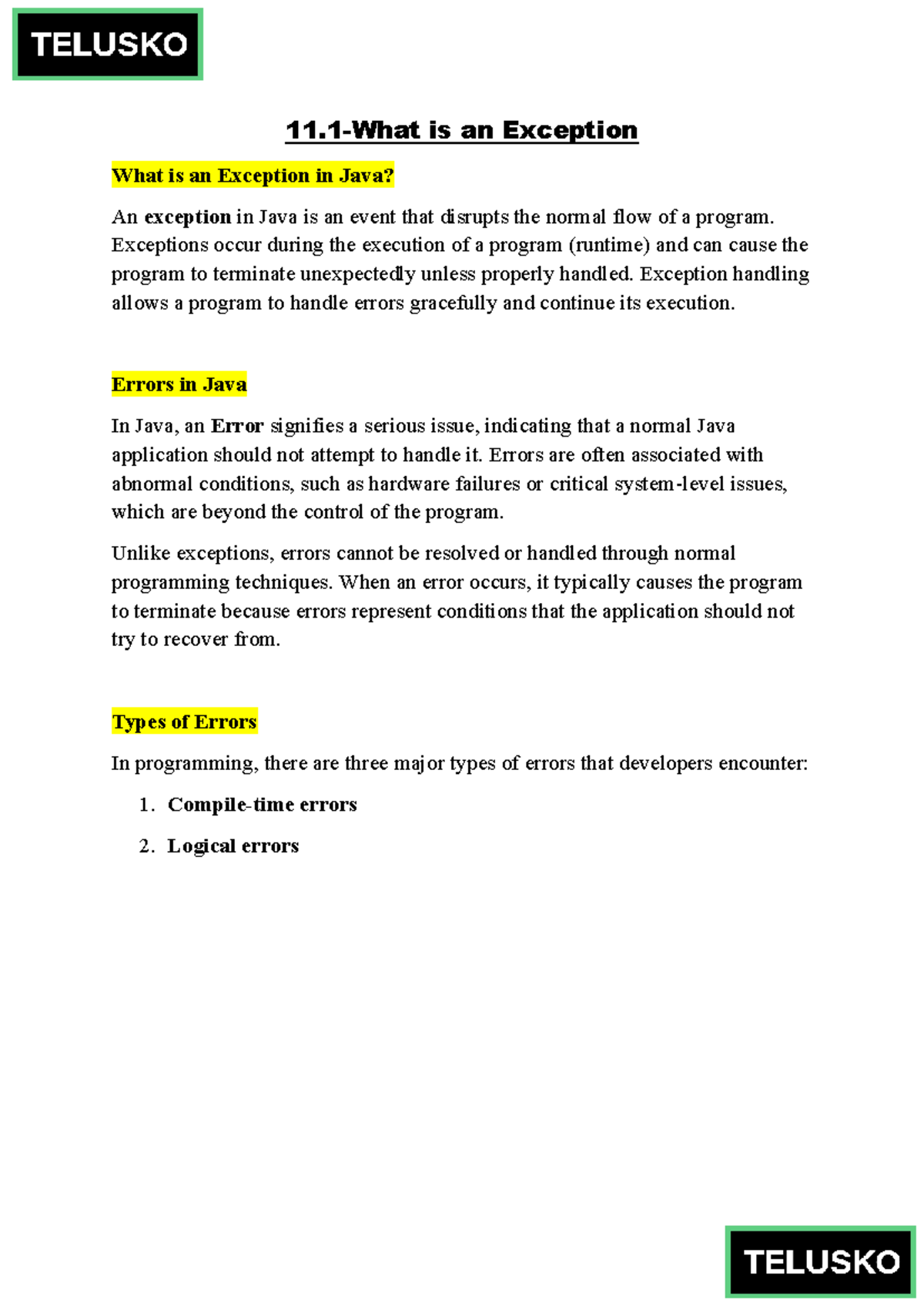 Java Exception Handling: Understanding Errors and Exceptions - Studocu