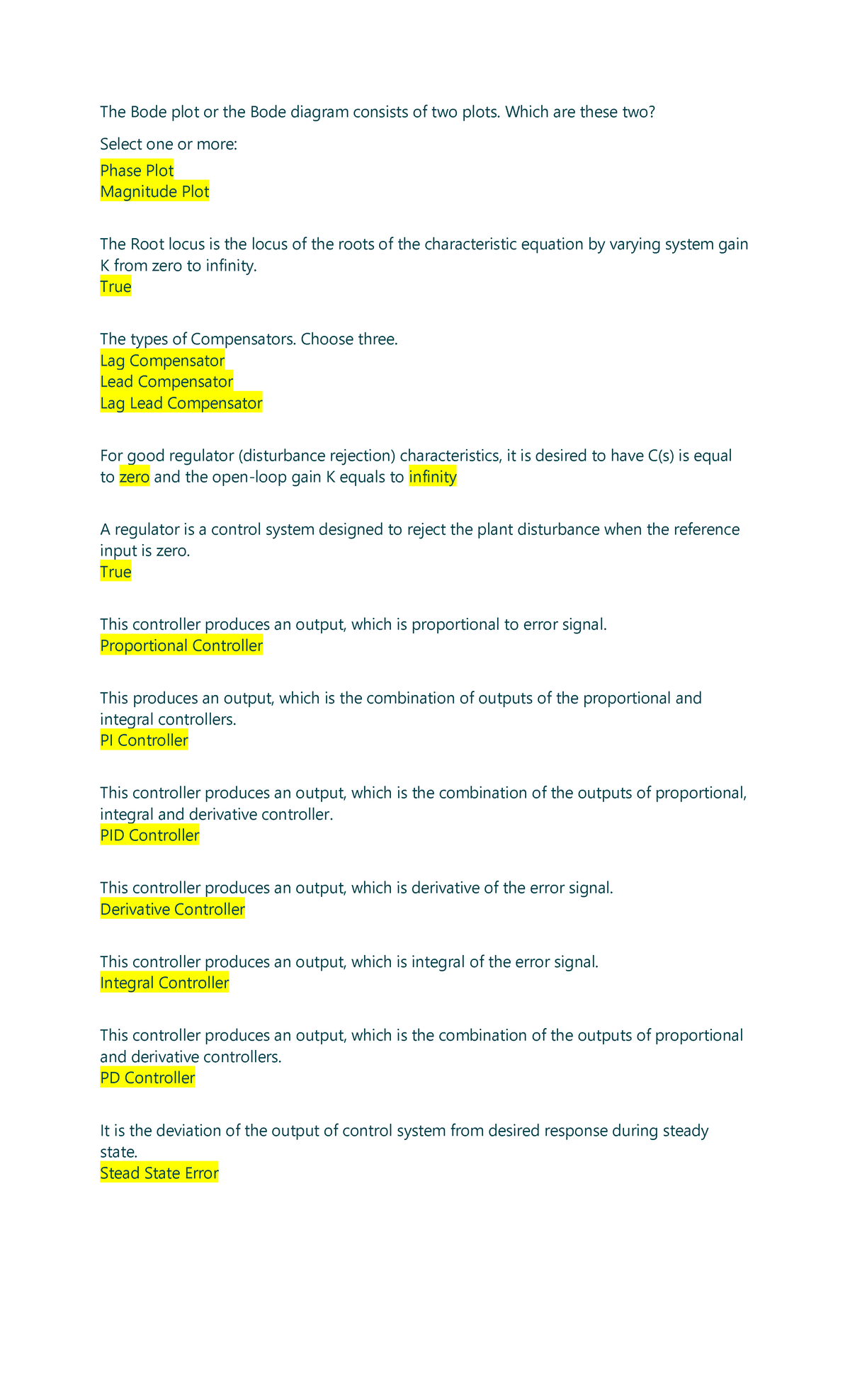 Final Quiz 2 - Control Systems Concepts and Compensators - Studocu