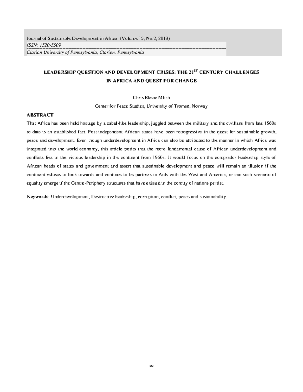 Leadership Challenges and Development Crises in Africa: A 21st Century ...