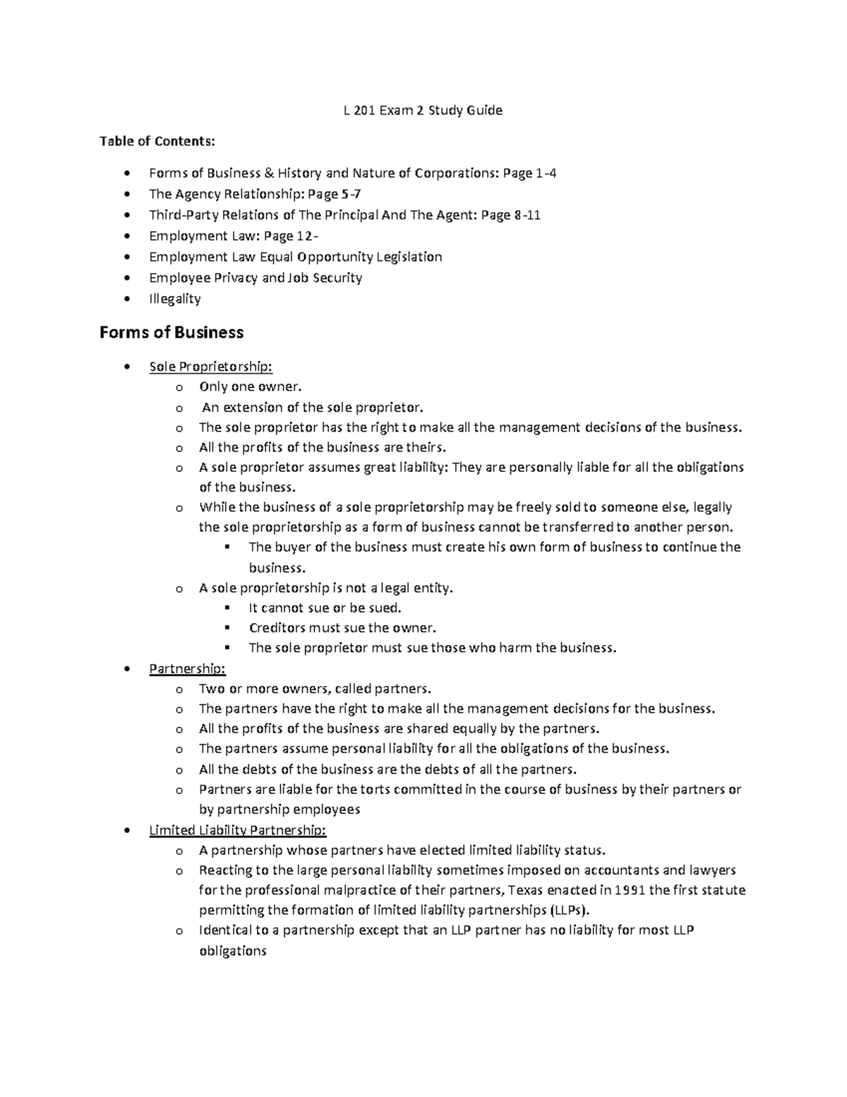 L 201 Exam 2 Study Guide: Business Forms & Agency Relationships - Studocu