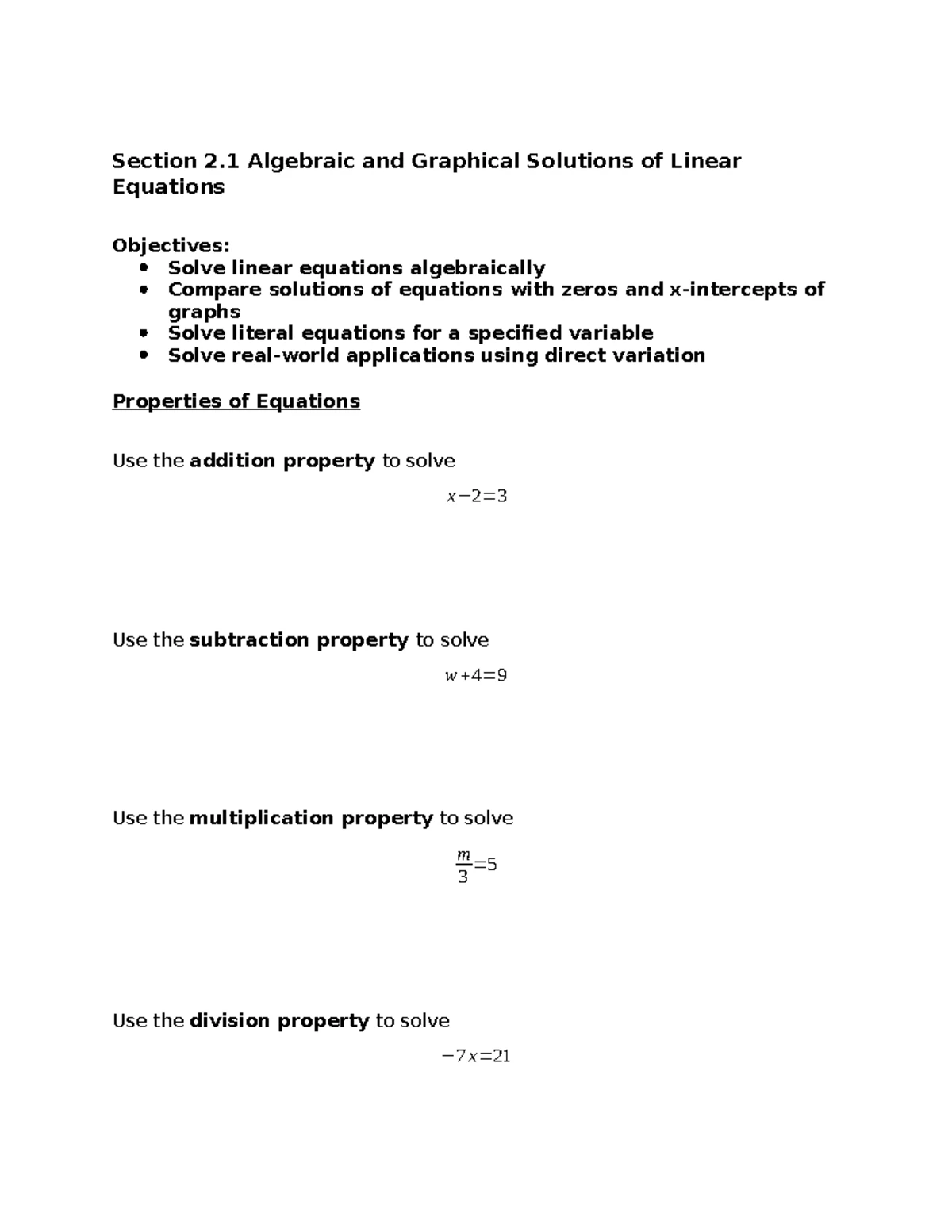 Algebra and Graphical Solutions of Linear Equations - Sections 2.1-2.4 ...