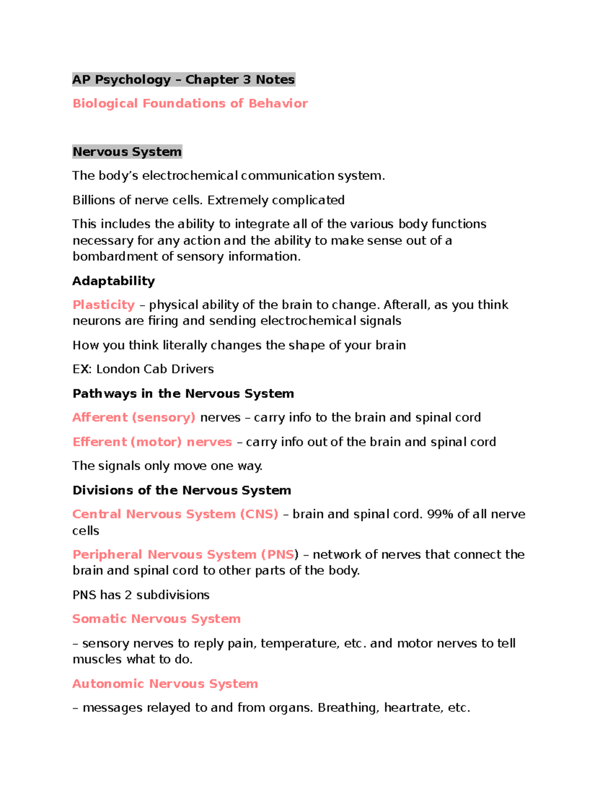 AP Psychology - Chapter 3 Notes: Biological Foundations of Behavior ...