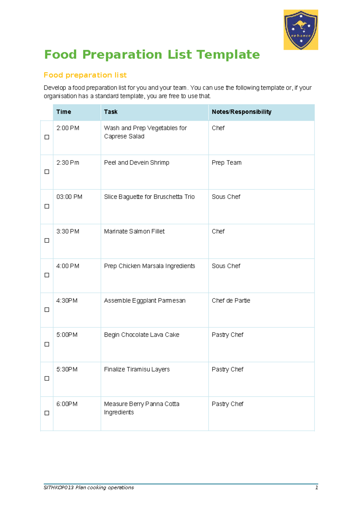 SITHKOP013 Food Preparation List Template for Cooking Operations - Studocu