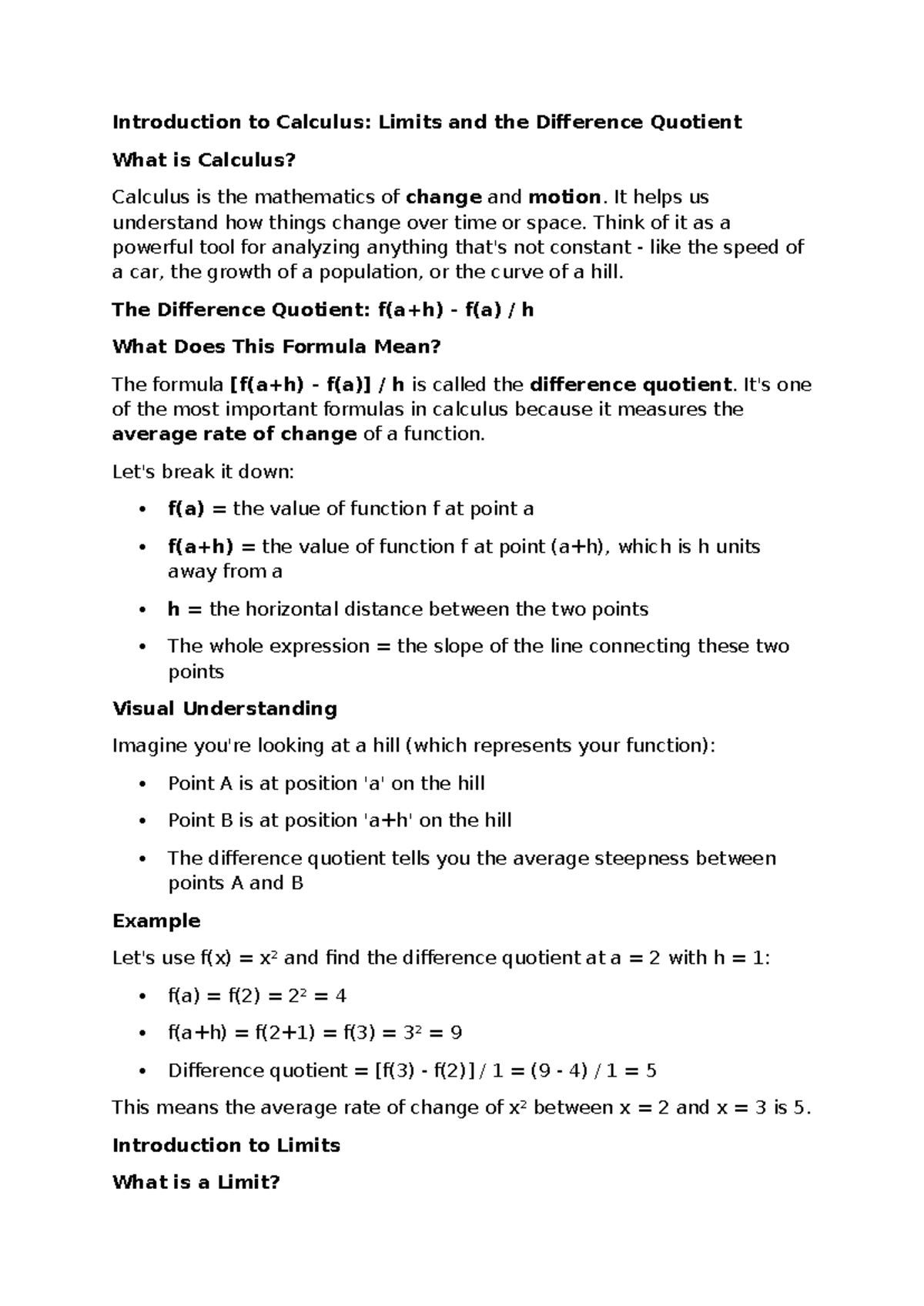 Calculus 101: Understanding Limits & the Difference Quotient - Studocu