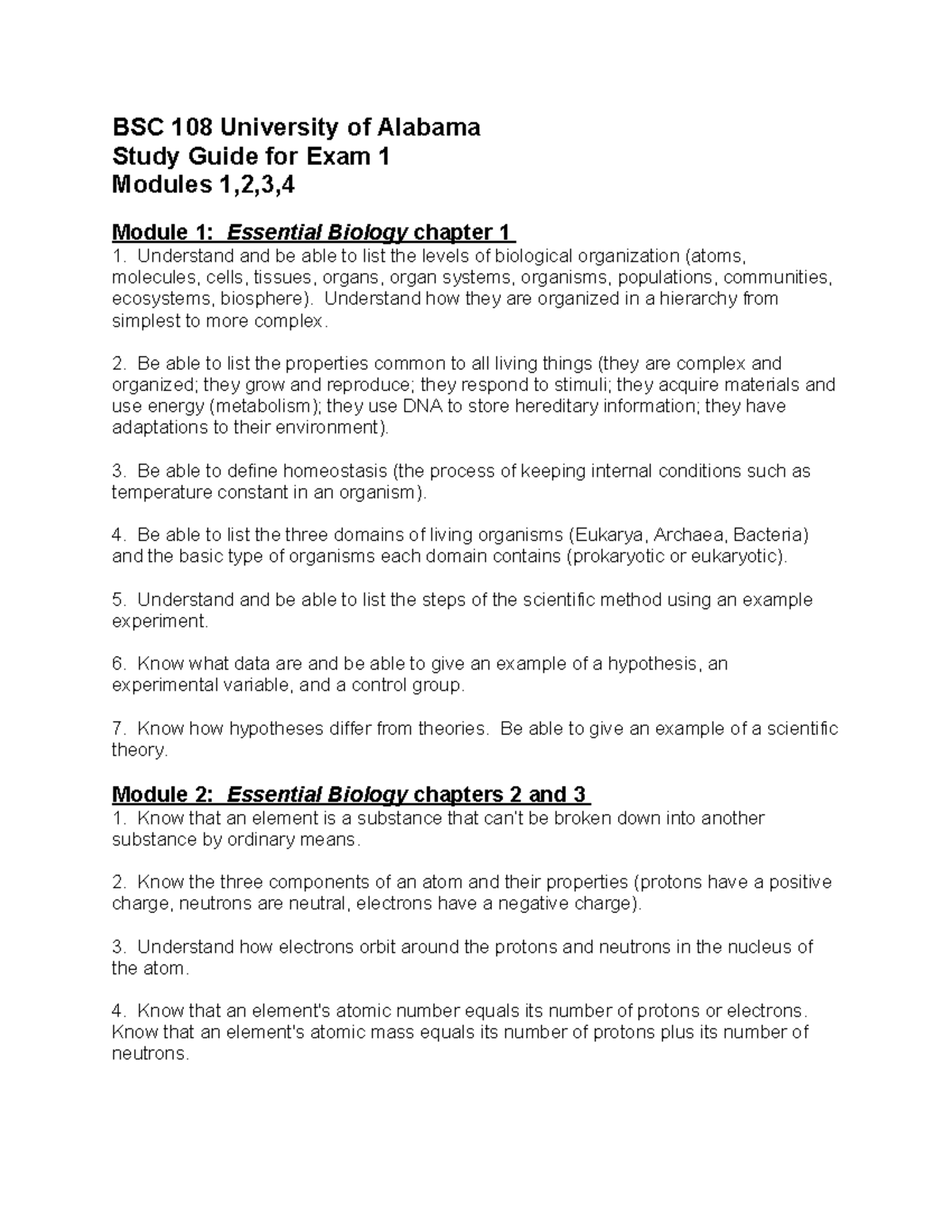 BSC 108 Exam 1 Comprehensive Study Guide for Biology Concepts - Studocu