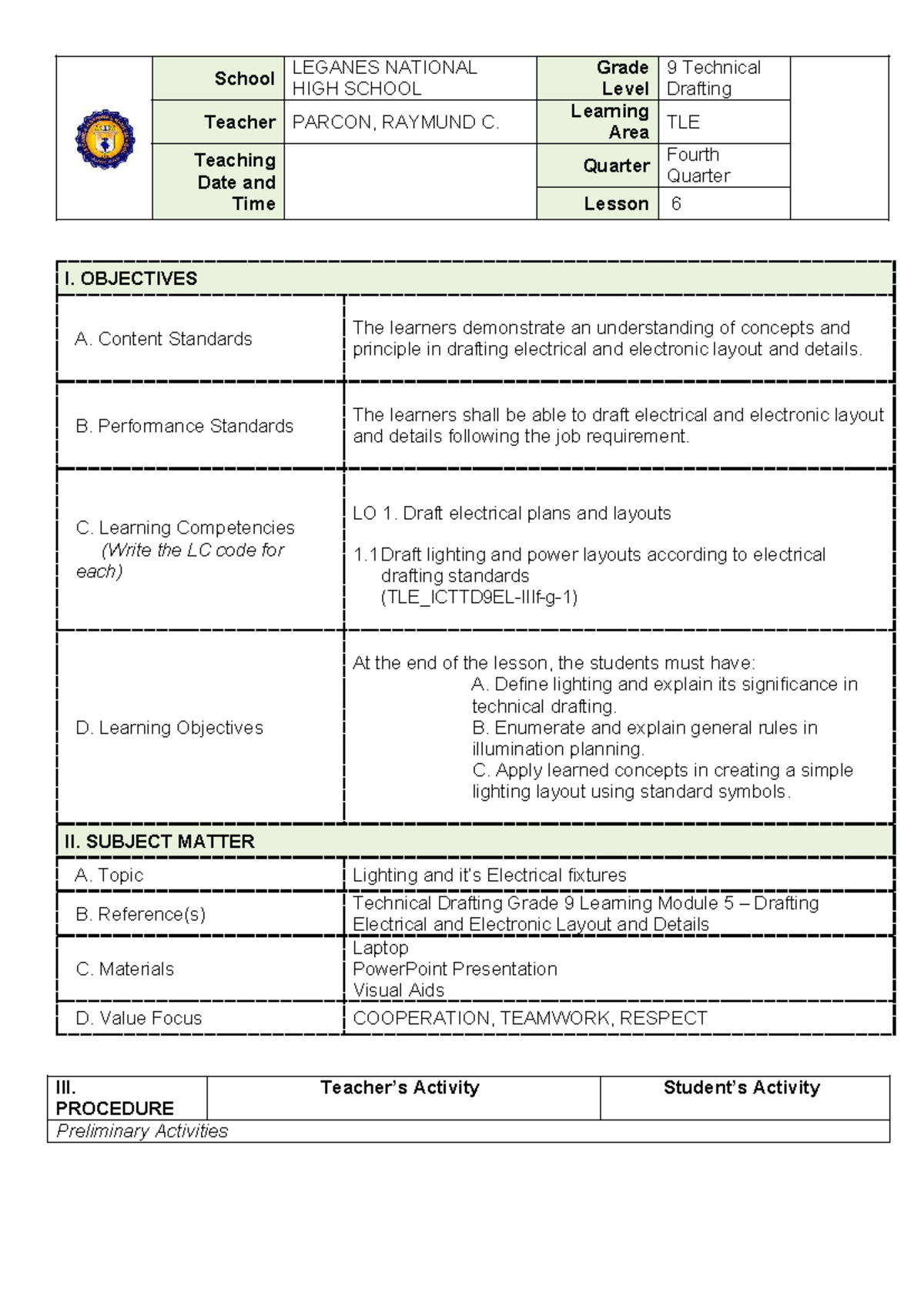 Lesson Plan TLE 9: Drafting Electrical & Electronic Layouts - Studocu