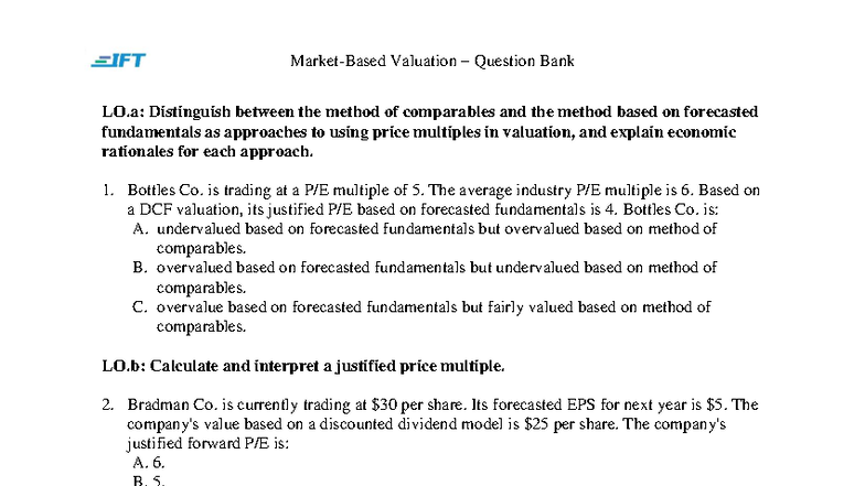Valuation Question Bank: Price Multiples & Economic Rationales (LO.a ...