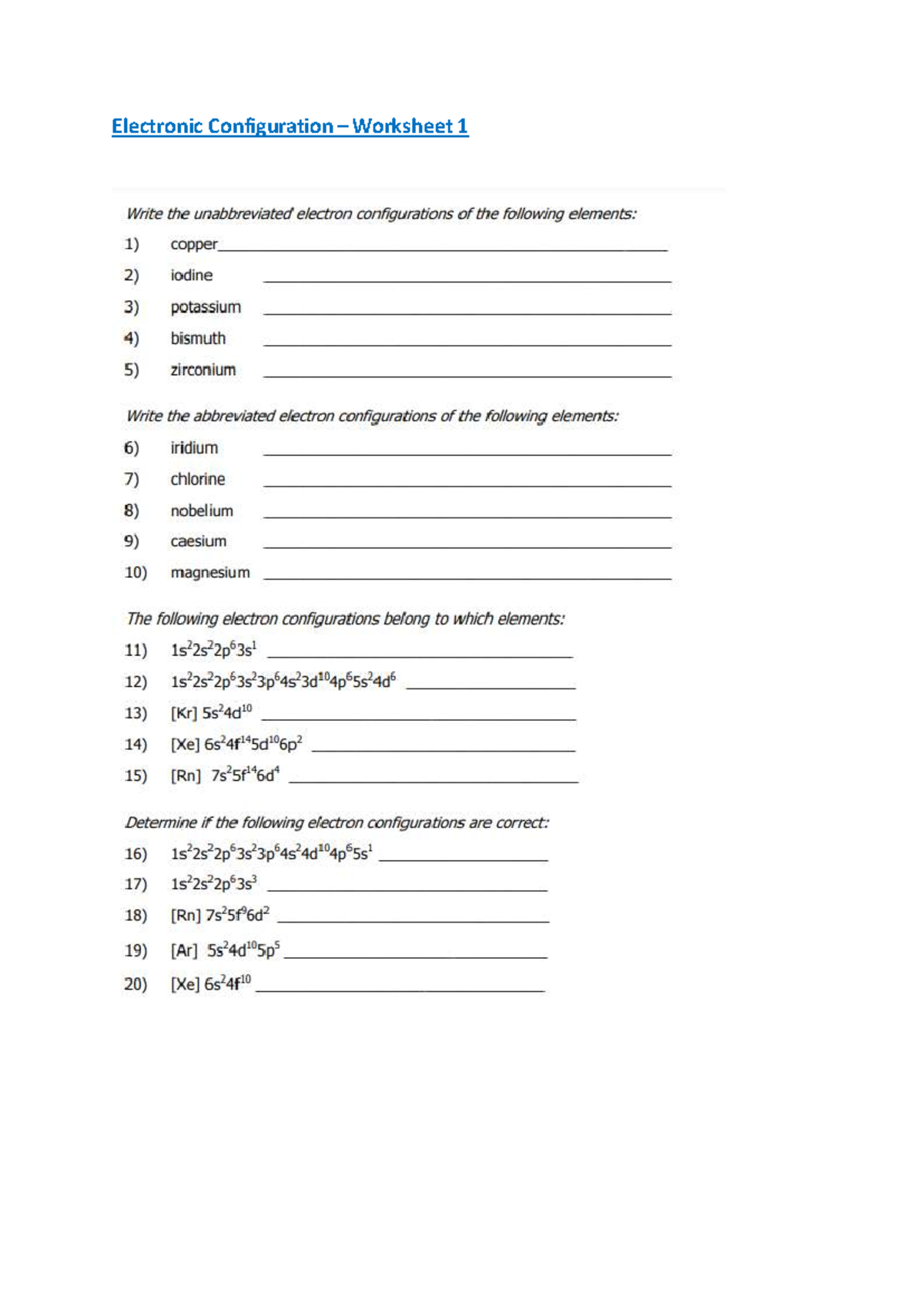 Electronic Configuration Worksheet 1: Element Configurations - Studocu