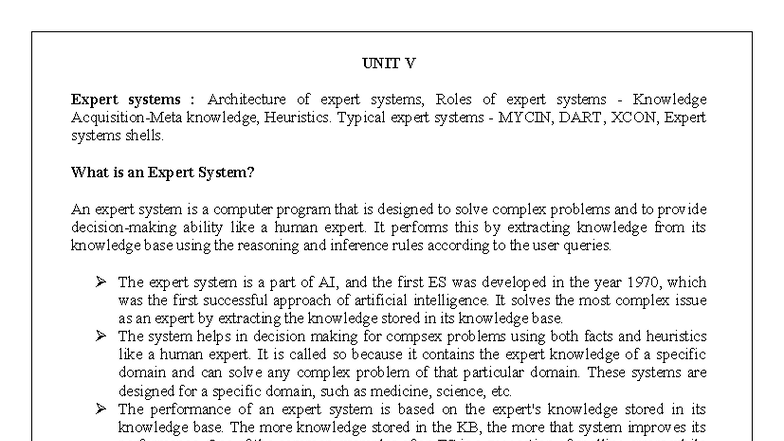 AI UNIT 5: Expert Systems Architecture and Applications - Studocu