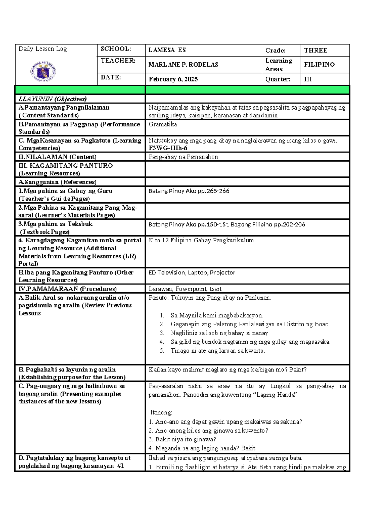 Filipino DLL Q3 WK7 D2: Daily Lesson Log for Grade 3 - Studocu