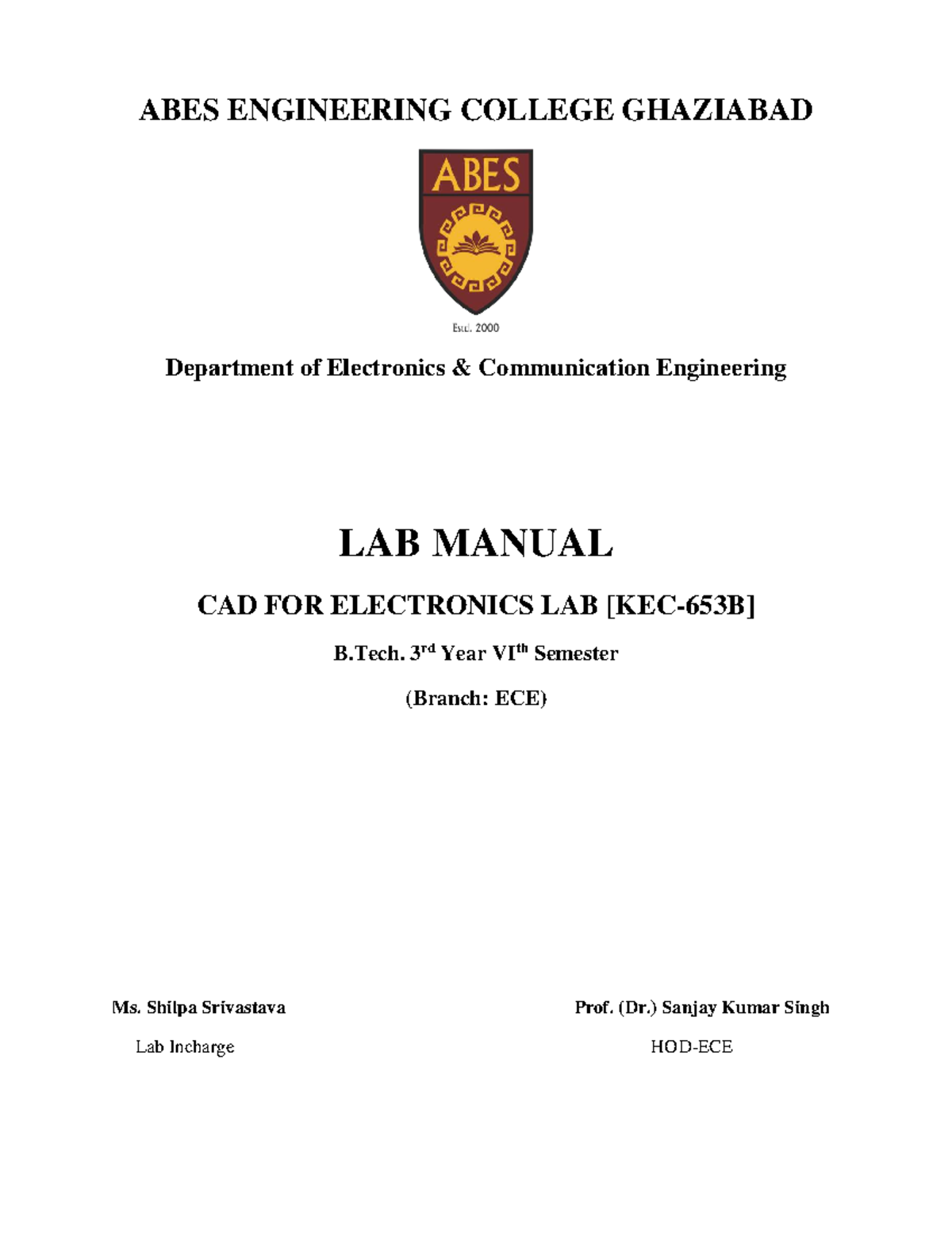 CAD Lab Manual for ECE KEC 653B - B.Tech 3rd Year Experiments - Studocu