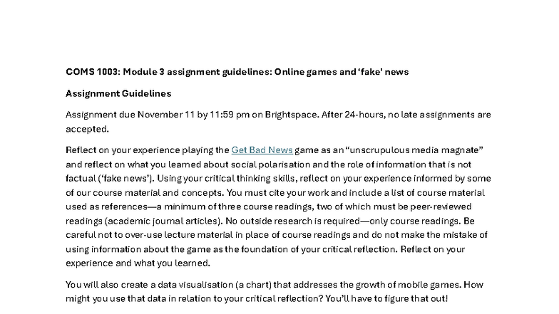 COMS 1003: Module 3 Assignment Guidelines on Online Games & News - Studocu