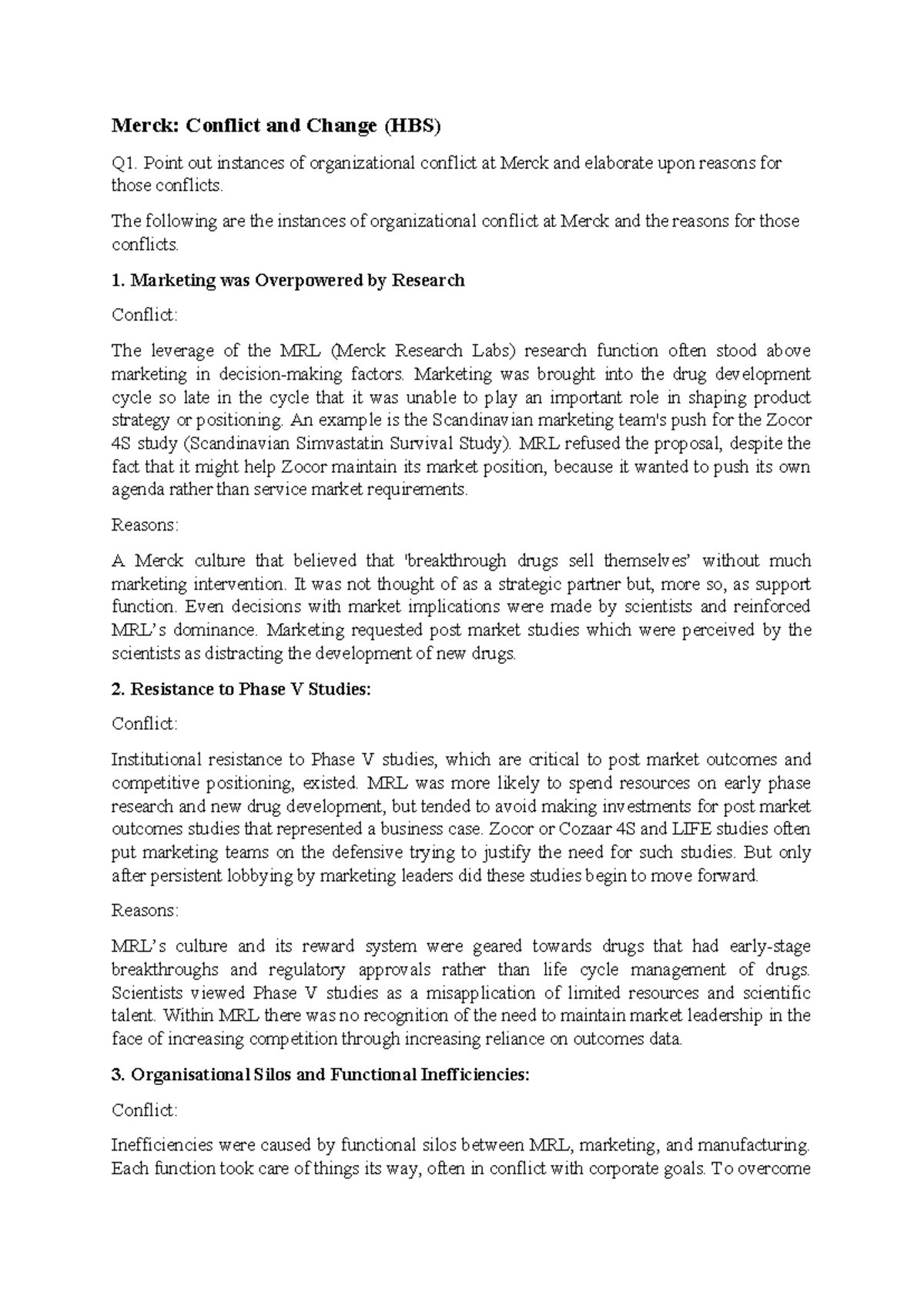 Merck - Point out instances of organizational conflict at Merck and ...