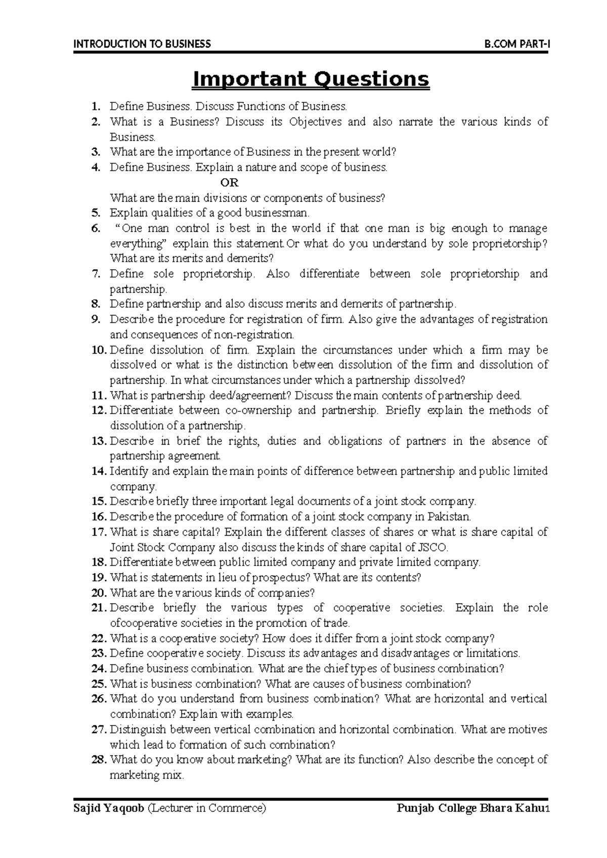 Important Questions - INTRODUCTION TO BUSINESS B PART-I Important ...