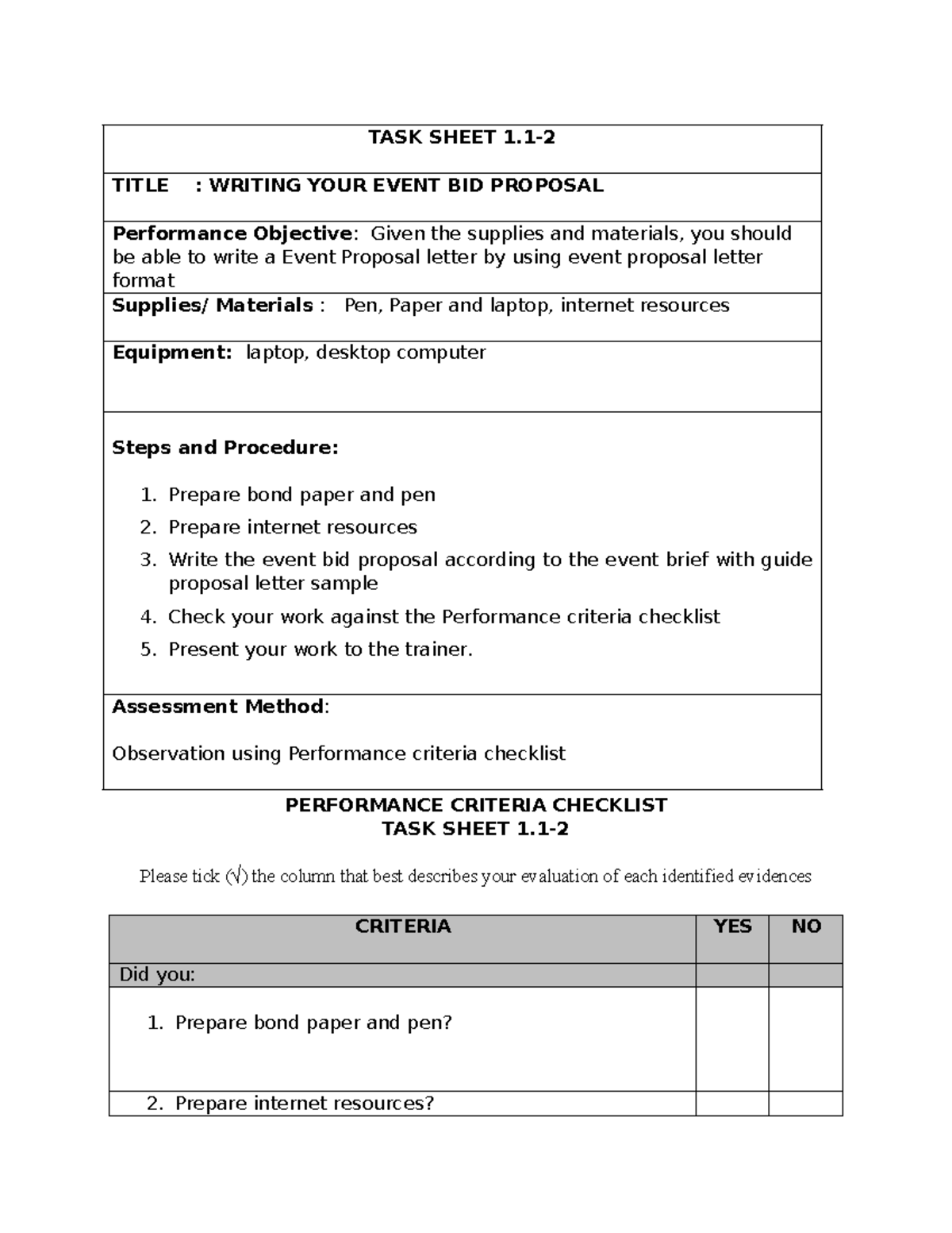 TASK Sheet 1 - Writing Your Event Bid Proposal for Events Management ...