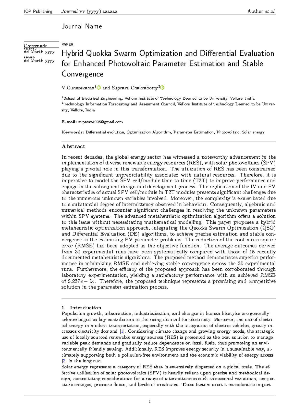 Hybrid QSO-DE Optimization for Accurate PV Parameter Estimation - Studocu