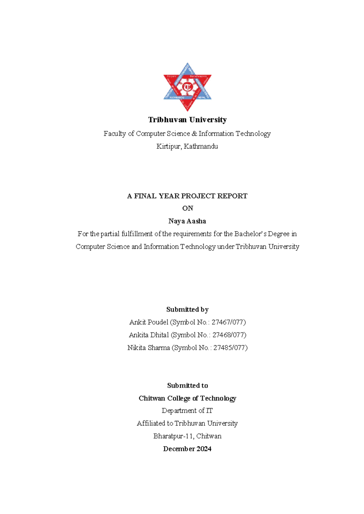 Naya Aasha: Final Year Project Report for BSc in CSIT (TU) - Studocu