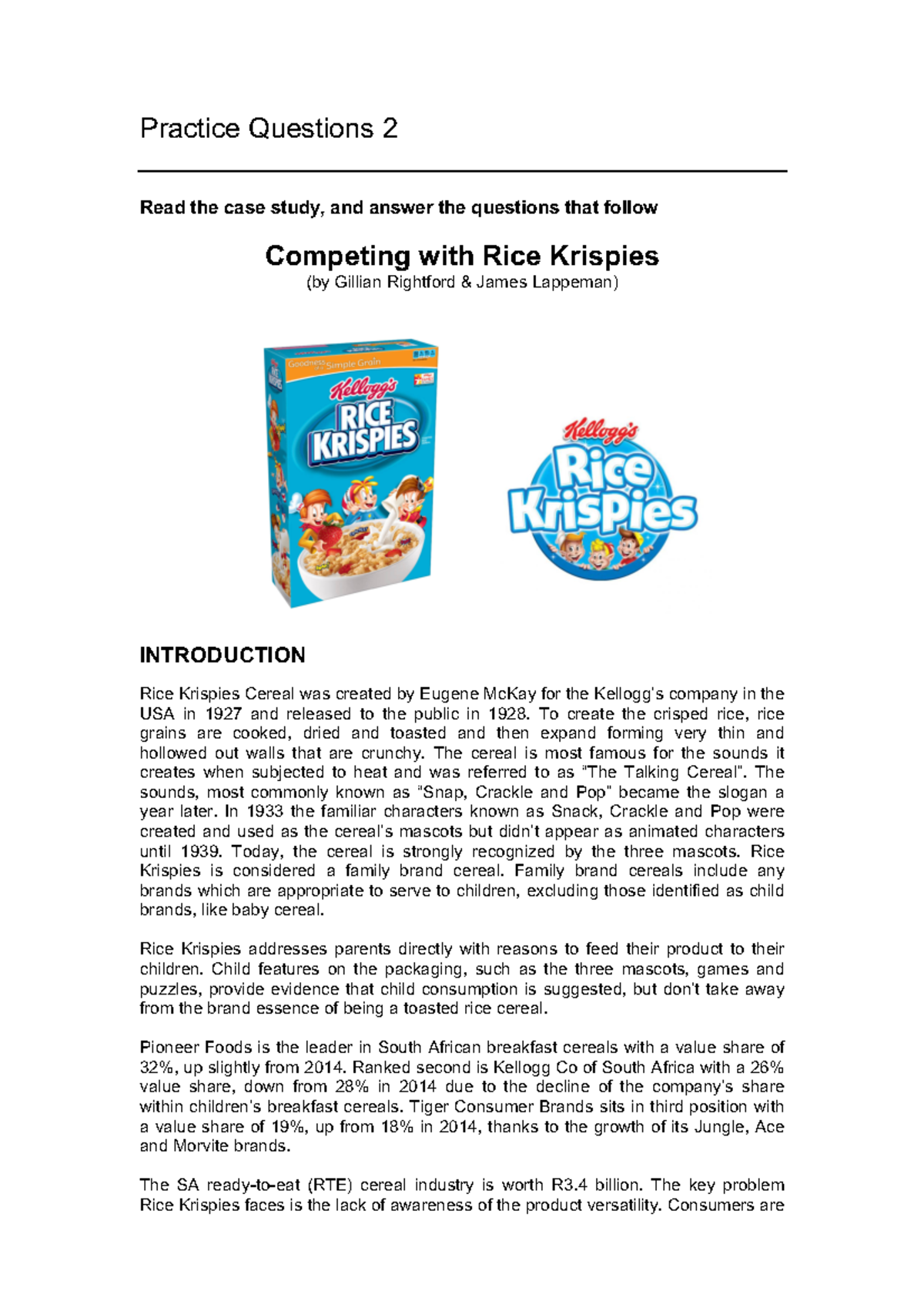 Practice Questions 2: Marketing Strategy for Rice Krispies Case Study ...