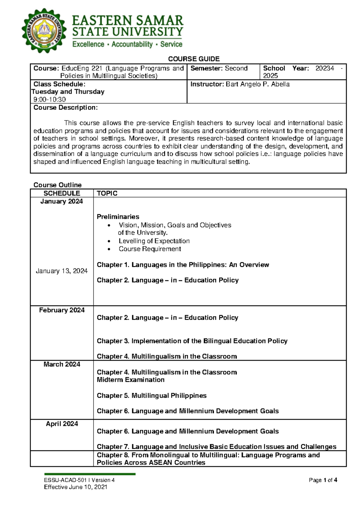 EducEng 221 Course Guide: Lang Programs & Policies (ESSU-ACAD-501 ...