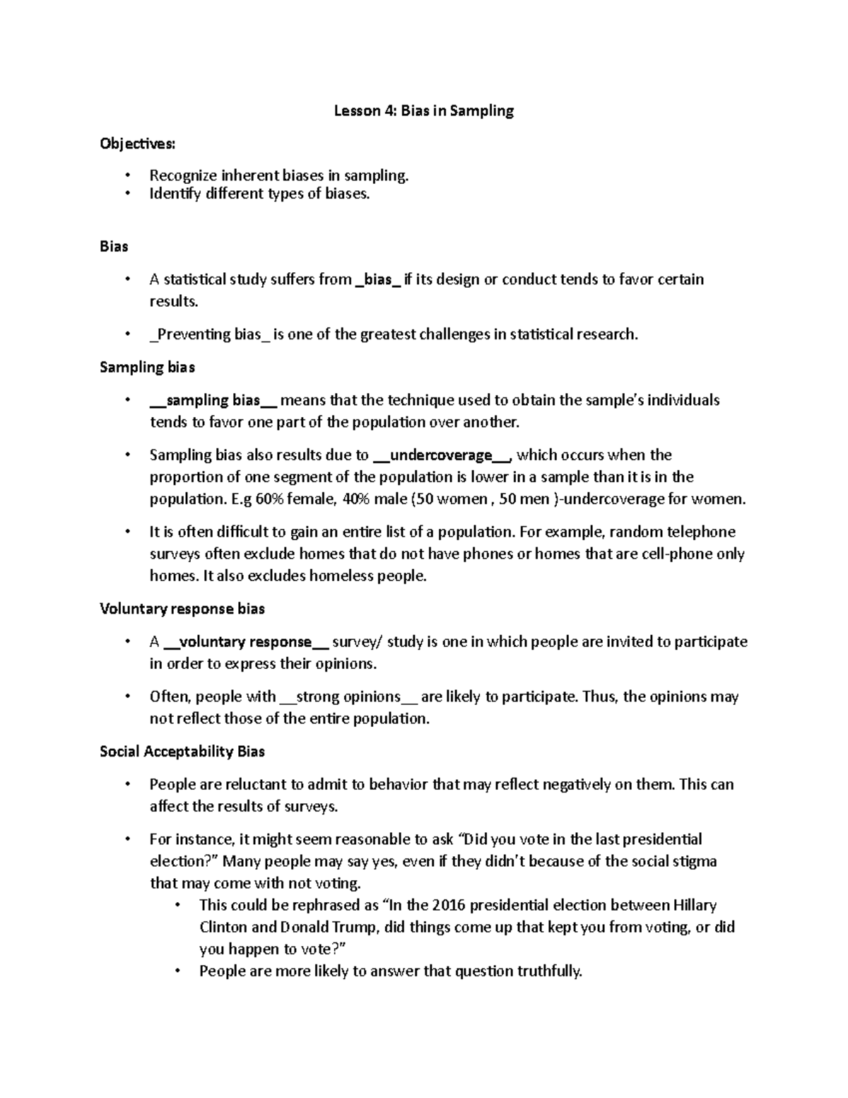 Lesson 4 Bias in Sampling - Lesson 4: Bias in Sampling Objectives ...