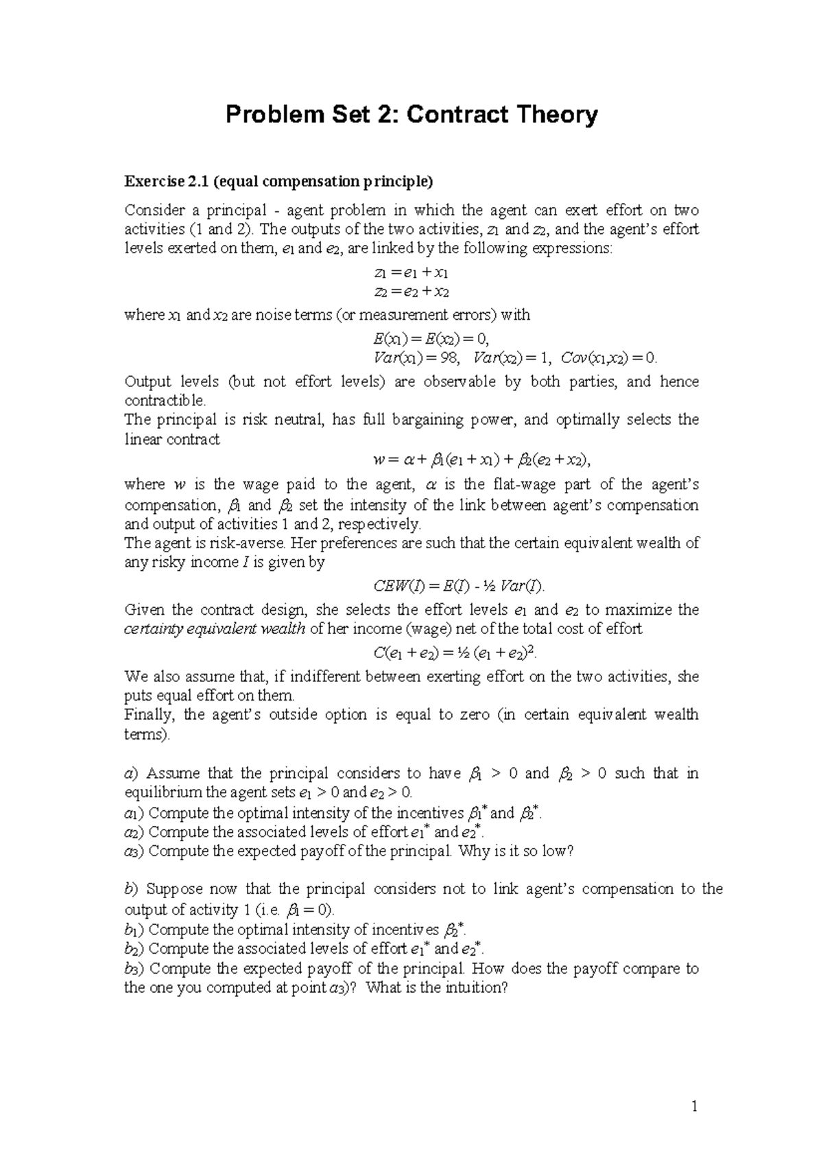 Problem Set 2: Contract Theory Analysis & Exercises - Studocu