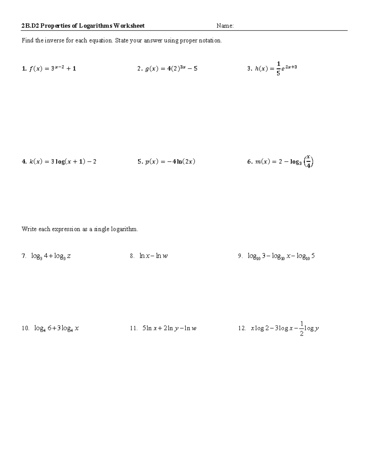 2B.D2 Properties of Logarithms Worksheet: Inverse & Logarithm ...