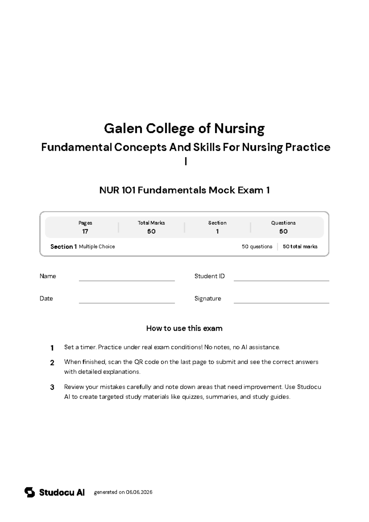 NUR 101 Fundamentals Mock Exam 1 - Studocu