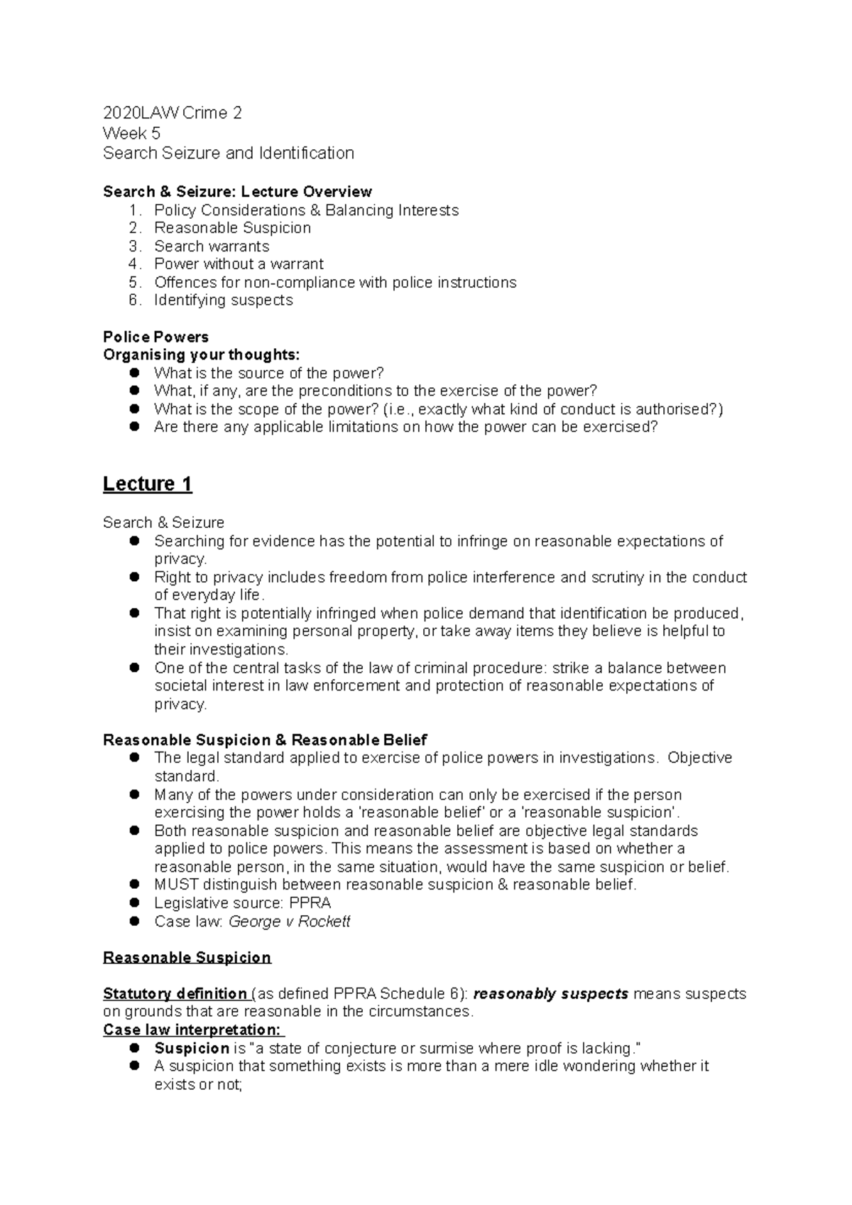 Week 5 Lecture Notes: Search & Seizure in 2020LAW Crime 2 - Studocu
