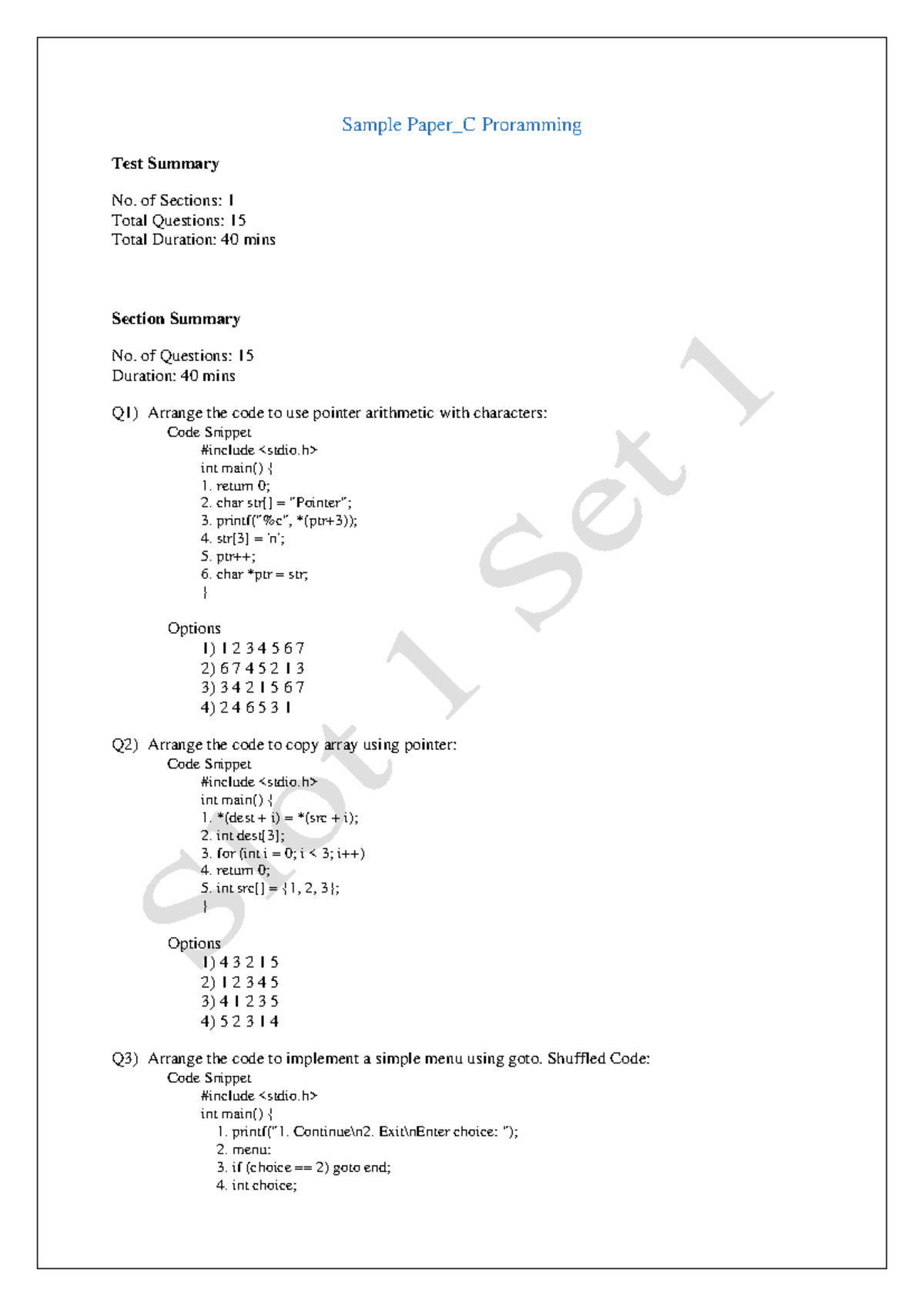 Code Based Test 3 - C Programming Format & Structure - Studocu