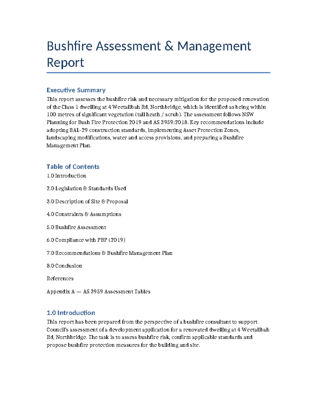 Bushfire Risk Assessment Report for 4 Weetalibah Rd, Northbridge - Studocu