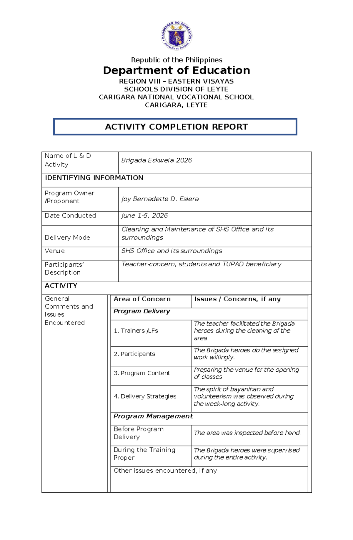 Brigada Eskwela 2026 Activity Completion Report - ACR Template - Studocu