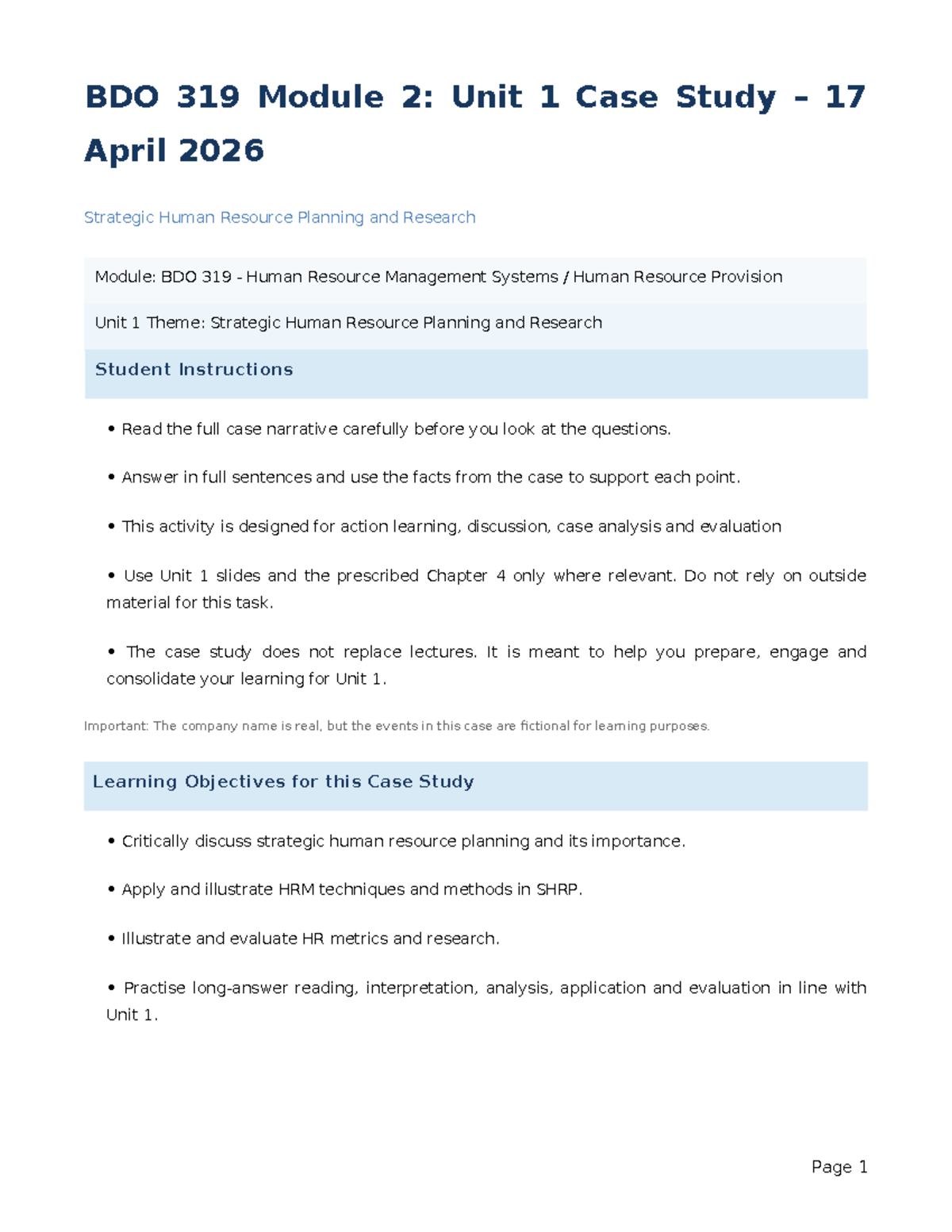 BDO 319 Module 2: Unit 1 Case Study on Strategic HR Planning - Studocu