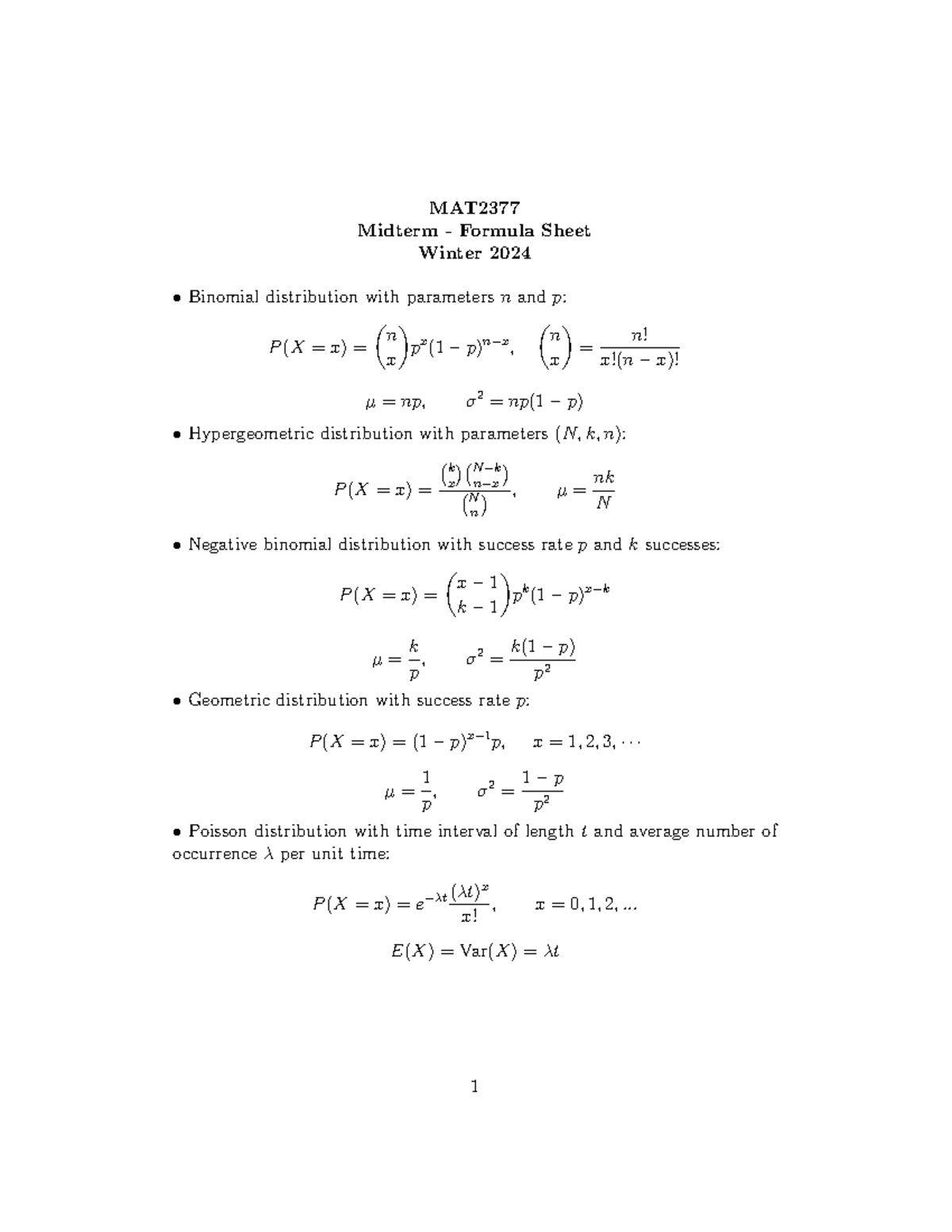 Mat2377 Midterm Formula Sheet 1 - MAT Midterm - Formula Sheet Winter ...