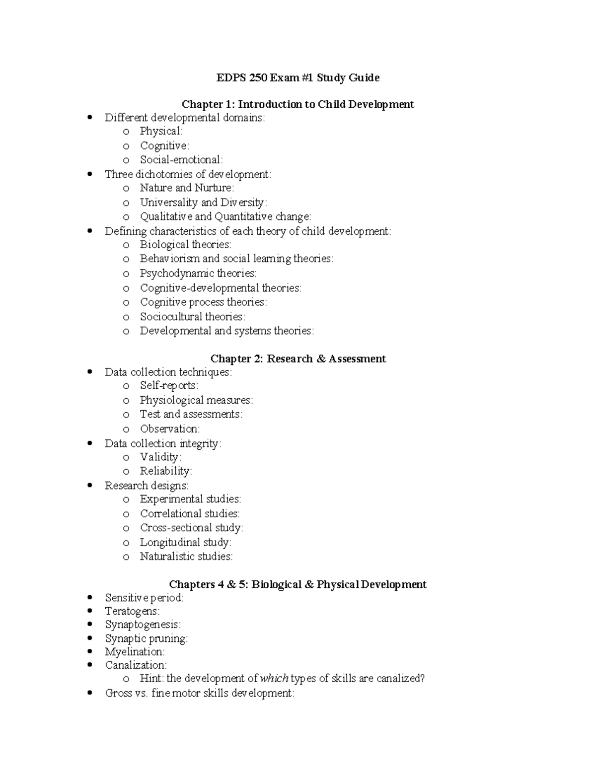 EDPS 250 Exam #1 Study Guide: Key Theories & Concepts in Child Dev ...