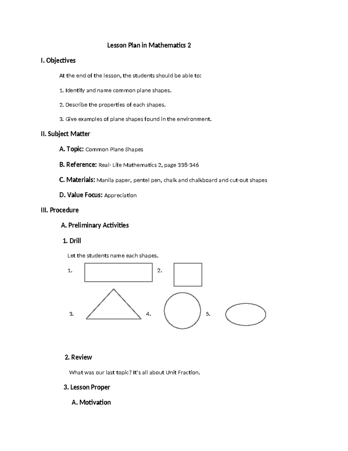 Mathematics 2 Lesson Plan: Exploring Common Plane Shapes - Studocu