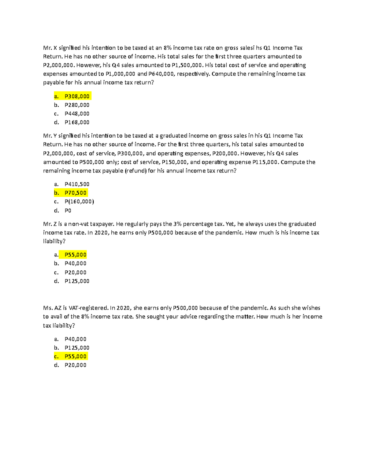 TAX 41 - Final Exam: Income Tax Computation Scenarios - Studocu