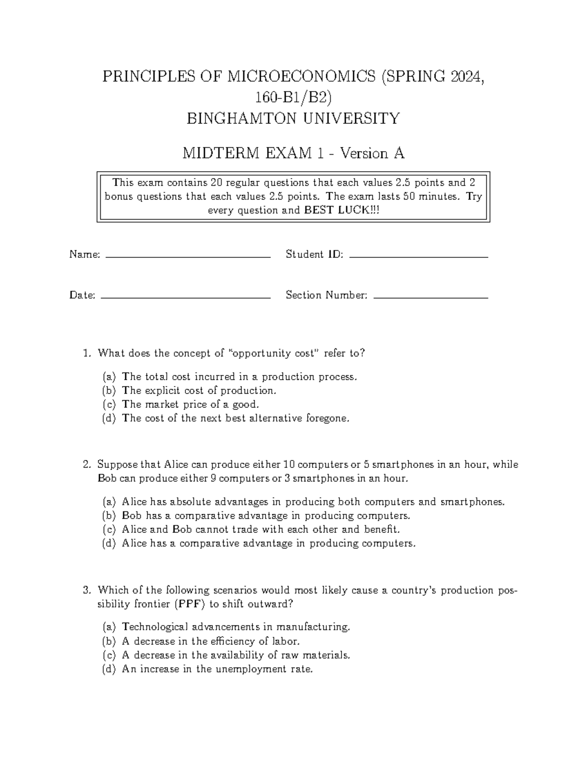PRINCIPLES OF MICROECONOMICS (ECO 101) SPRING 2024 MIDTERM EXAM 1 ...