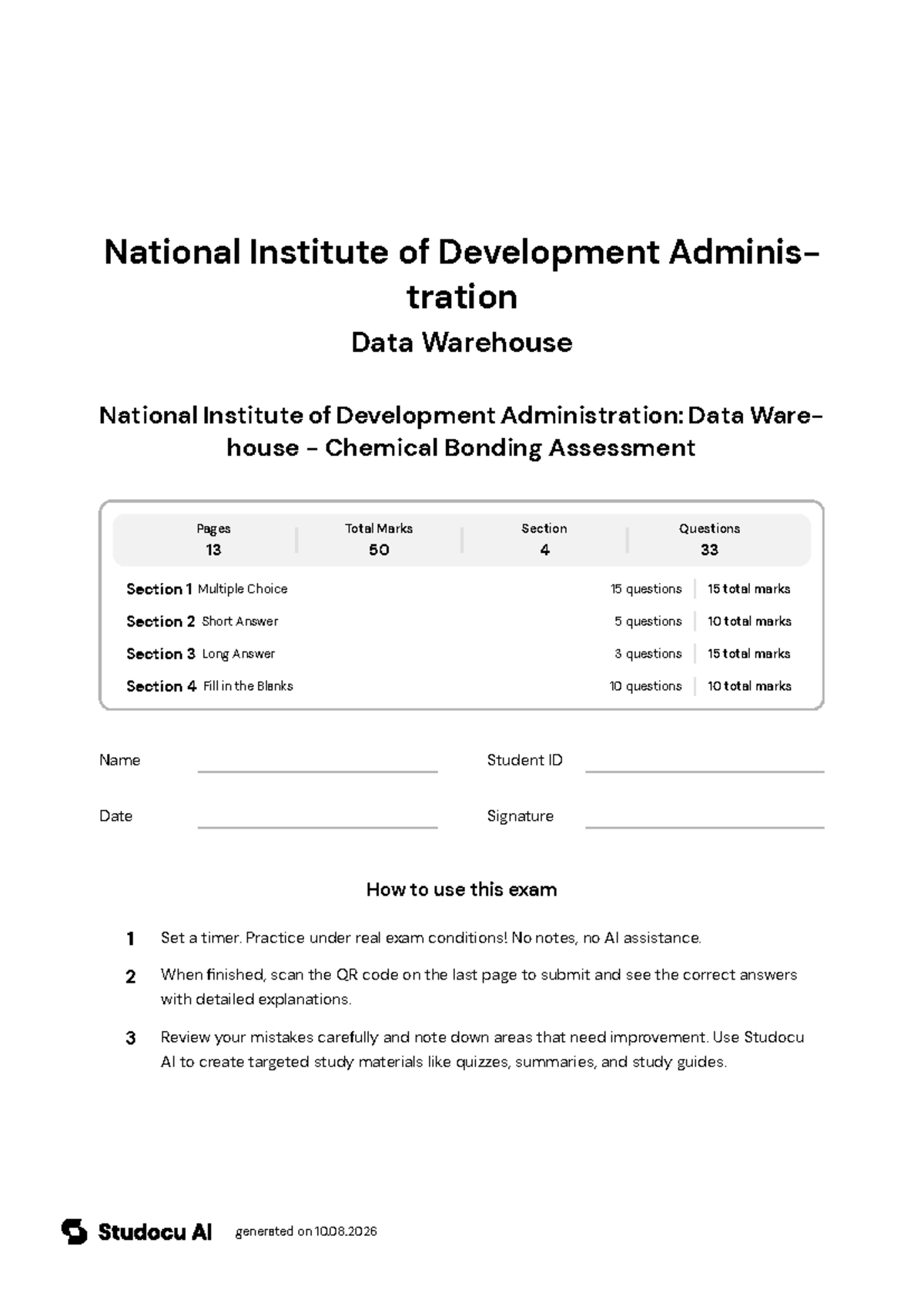 NIDA: Data Warehouse - Chemical Bonding Assessment - Studocu