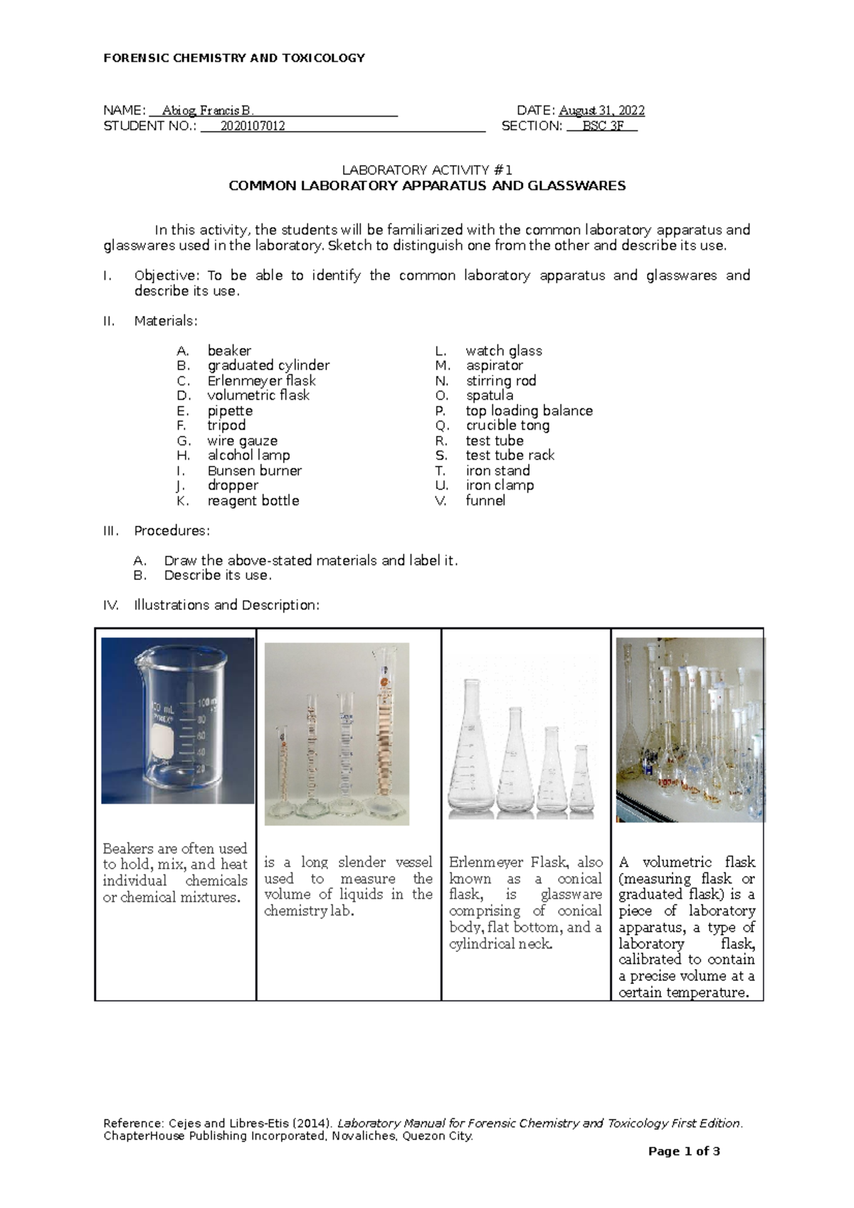 BSC 3F Lab Activity: Common Laboratory Apparatus & Glasswares - Studocu