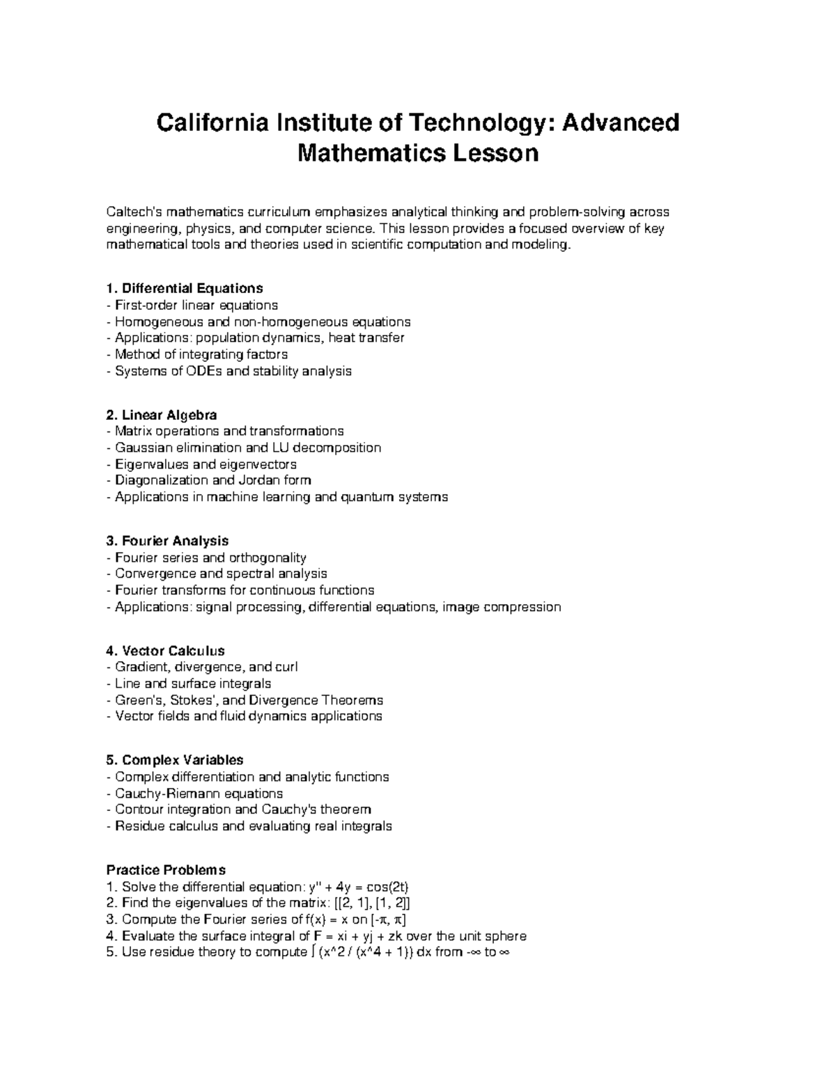 Caltech: Advanced Mathematics Lesson Overview and Key Concepts - Studocu