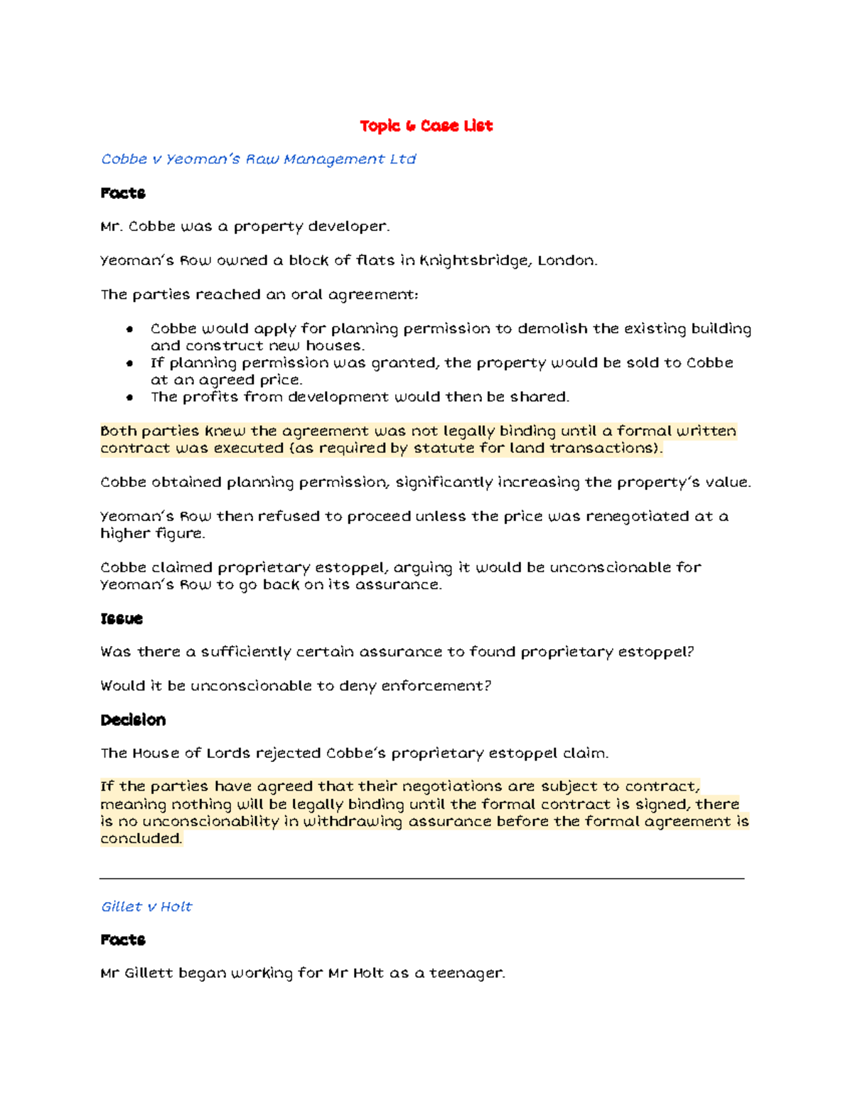 Topic 6 Case List - Proprietary Estoppel Analysis and Decisions - Studocu